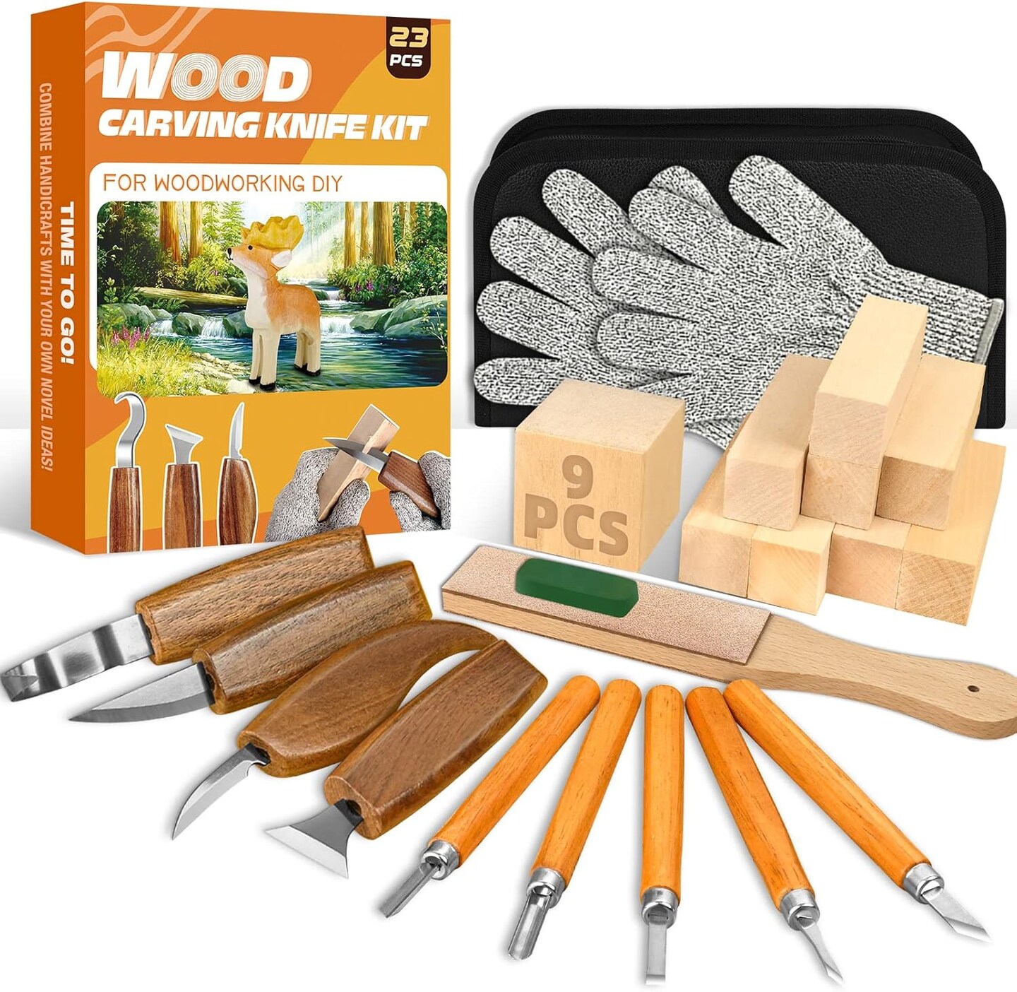 Wood Carving Kit, 23pcs Wood Carving Tool with 4PCS Wood Carving Knives &#x26; 5PCS Detail Knives 9 Basswood Blocks &#x26; Gloves &#x26; Roll Bag &#x26; Strop Block &#x26; Polishing Compound Whittling Kit Hobbies for Adults