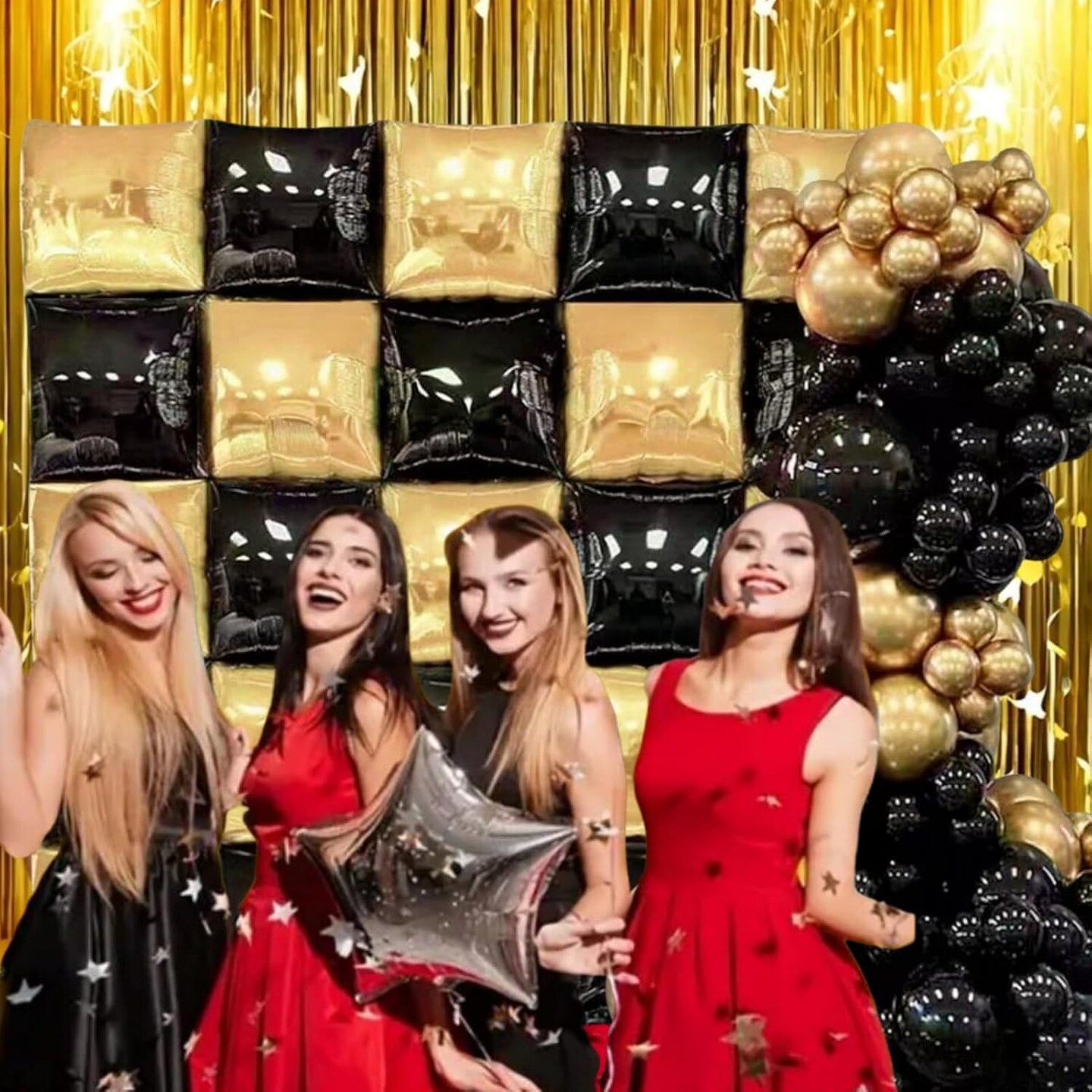 Mylar Gold Black Square Foil Balloon Wall Tunnel Arch Background Chrome Double sided Flat Metallic Gold&#x26; Black Balloon Garland Kit Graduation Anniversary Birthday Backdrop Party Decorations