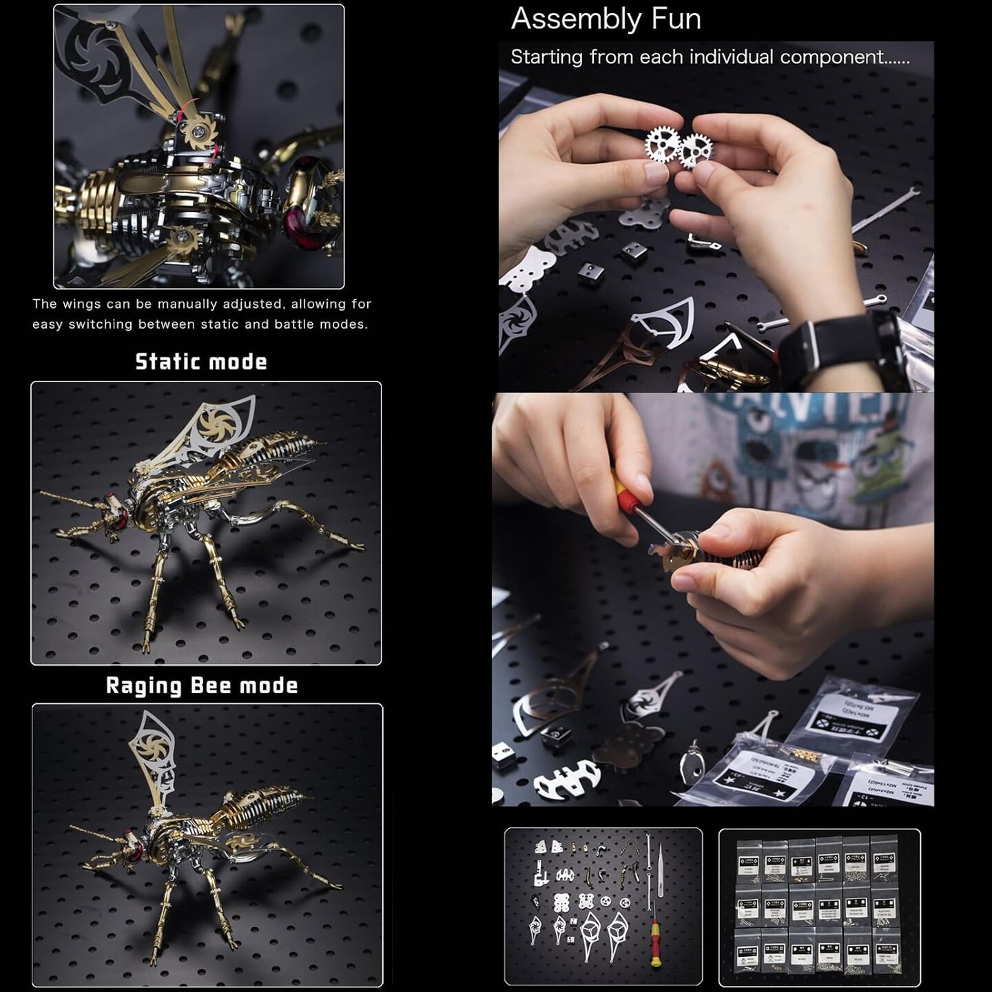 3D Metal Puzzles for Kids: Northern Giant Hornet Metal Model Kits, 3D Metal Puzzle Mechanical Wasp Building Blocks, Difficult DIY for Assembly, Birthday Gifts for Men (3D Metal Wasp-Silver Gold)