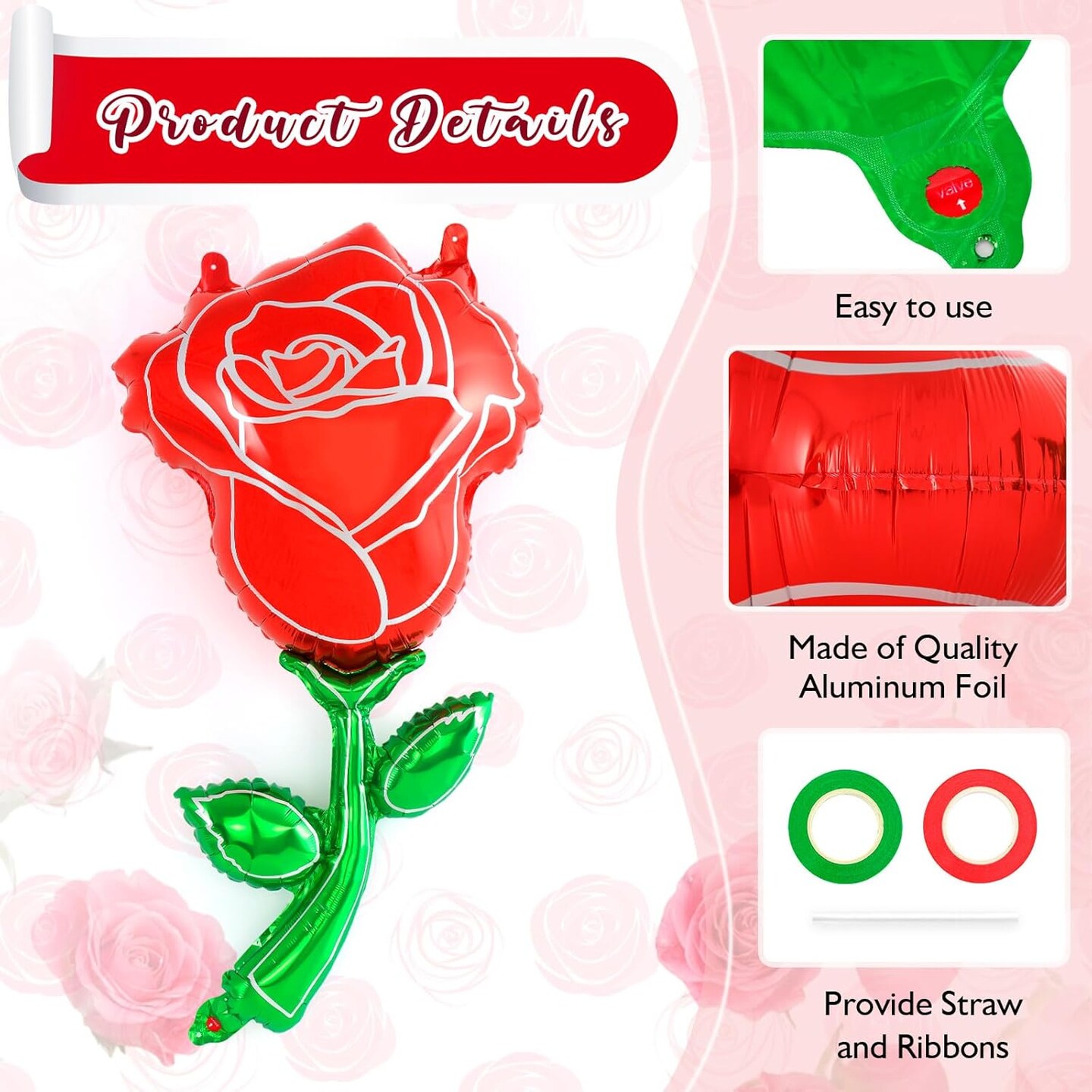 6 Pcs Red Rose Balloons,37 Inch Giant Rose Foil Balloons Rose Shaped Balloons,Red Rose Flower Balloon Valentines Day Balloon for Birthday Wedding Valentines Day Flower Theme Party Decoration