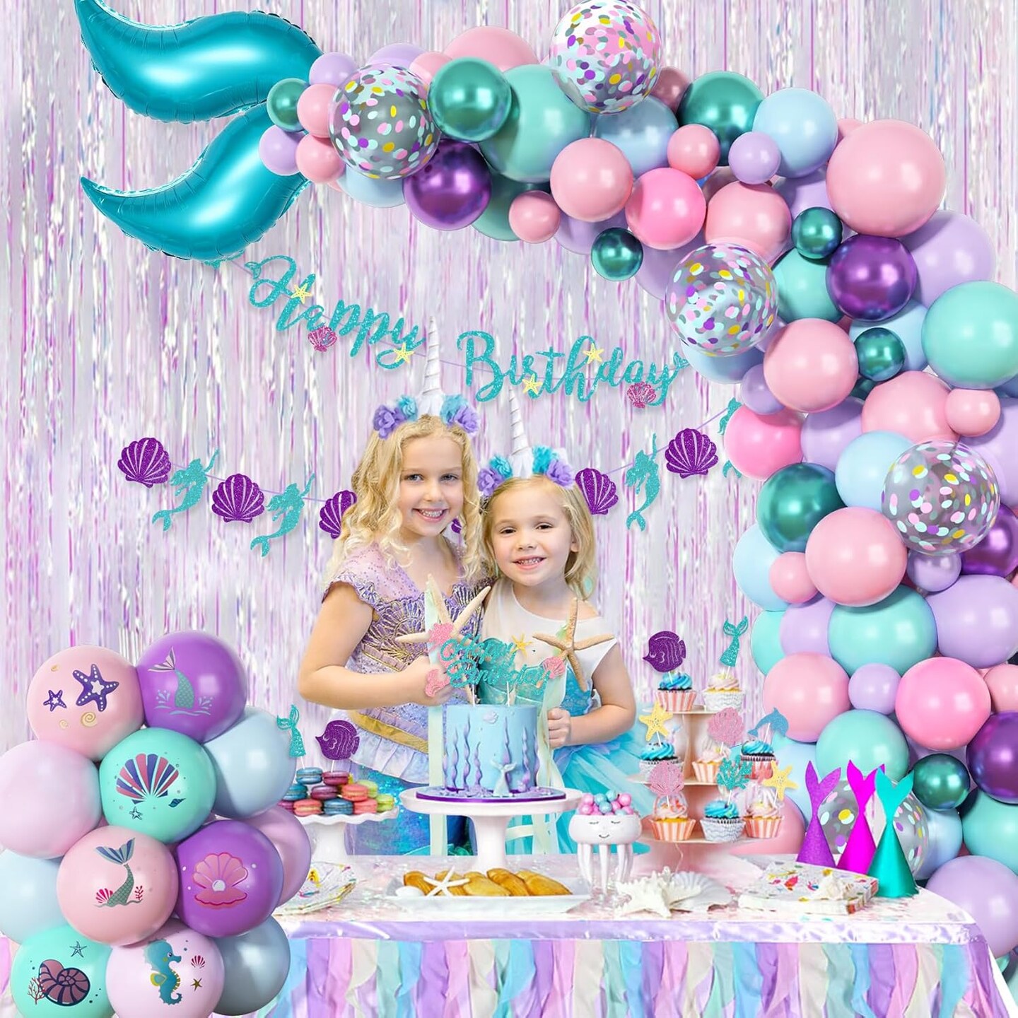 138Pcs Mermaid Birthday Party Decorations, Pink Purple Blue Mermaid Balloon Garland Arch Kit Birthday Banner Cake Topper Tail Shell Balloons Party Supplies