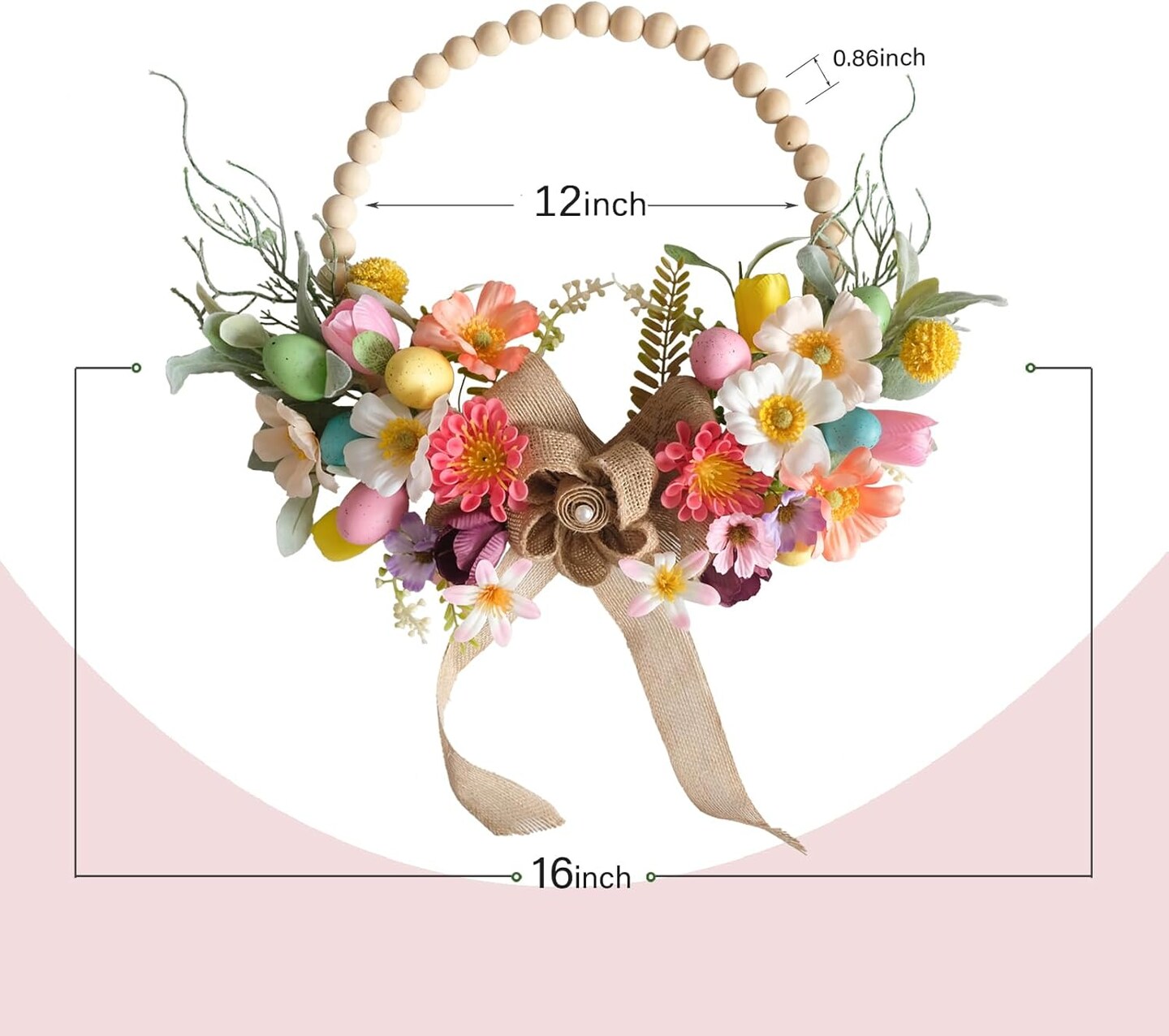 Summer Artificial Wreath 16 Inch Wooden Beads Wreaths for Front Door Summer Wreath with Colorful Silk Flowers Eggs Flax Bow for Home Indoor Window Wall Farmhouse Outside Decor