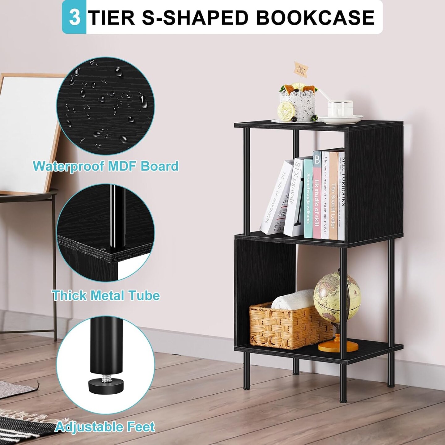 3-Tier S-Shaped Small Bookshelf &#x2013; Compact Black Bookcase Organizer for Home Office, Kids&#x2019; Room, Living Room (15.7&#x201D;x11.8&#x201D;x31.8&#x201D;)