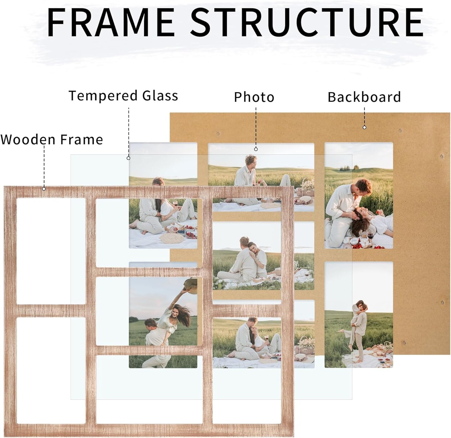 4x6 Picture Frame Collage for Wall Decor, Multiple Photo Collage Frames with Tempered Glass, 7-Opening for 4 x 6 Picture Frames, Rustic Brown, 1 Pack