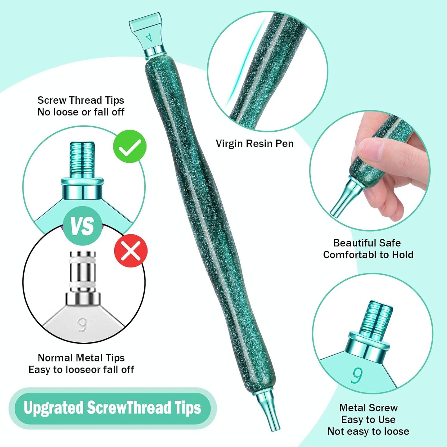 Diamond Painting Pen Accessories Tools Set,3PCS Glitter Diamond Art Pen and 12Pcs Green Metal Screw Thread Multi Placer Tips,Resin Diamond Painting Drill Pens for DIY Diamond Art