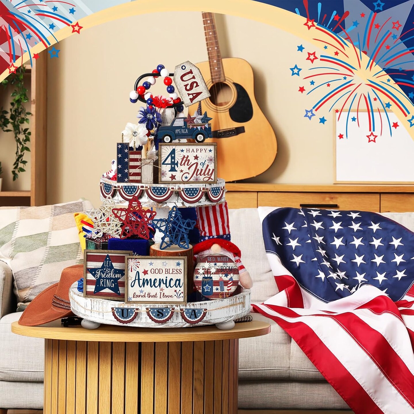 20 Pcs 4th of July Patriotic Tiered Tray Decoration Independence Day