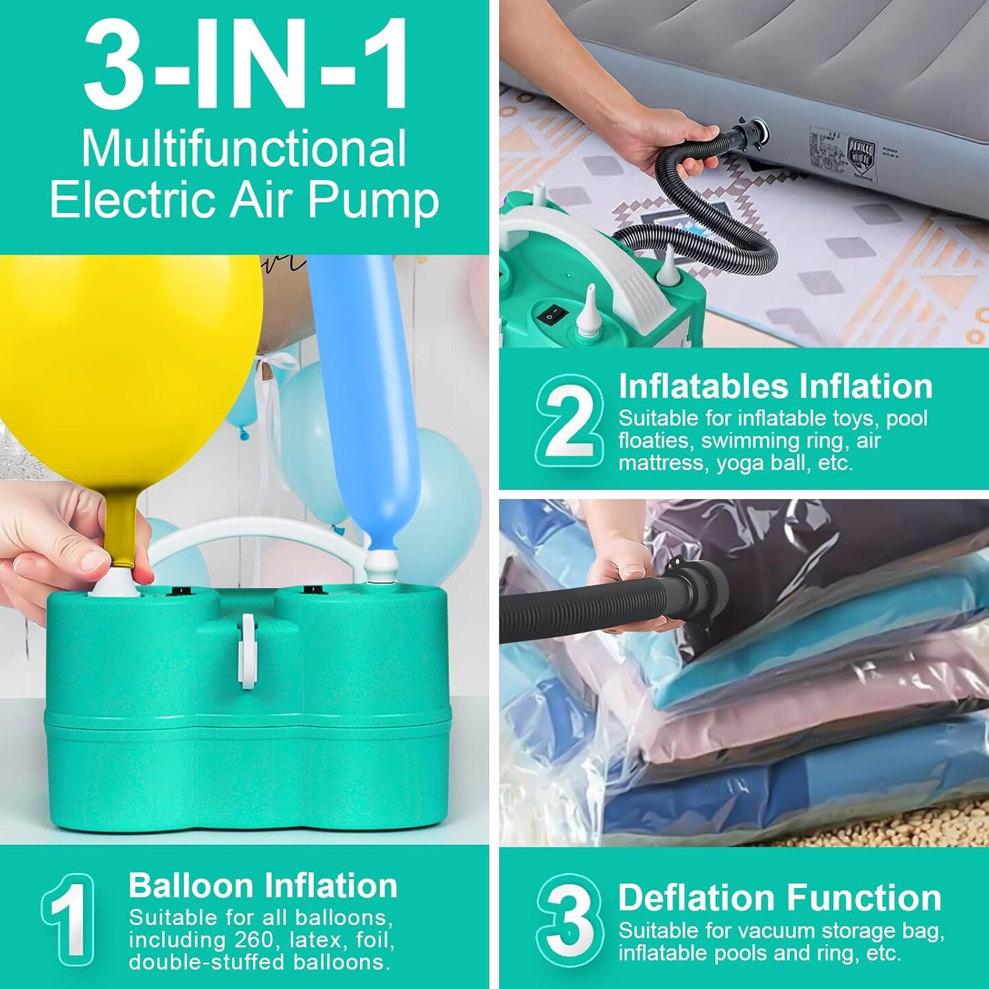 Electric Balloon Pump, 3-in-1 Air Pump for Inflatables and Balloons, Portable Balloon Pump for Latex 260Q Long Foil Balloons, 110V Dual Nozzle Inflator Deflator for Pool Floats Air Beds (Teal)