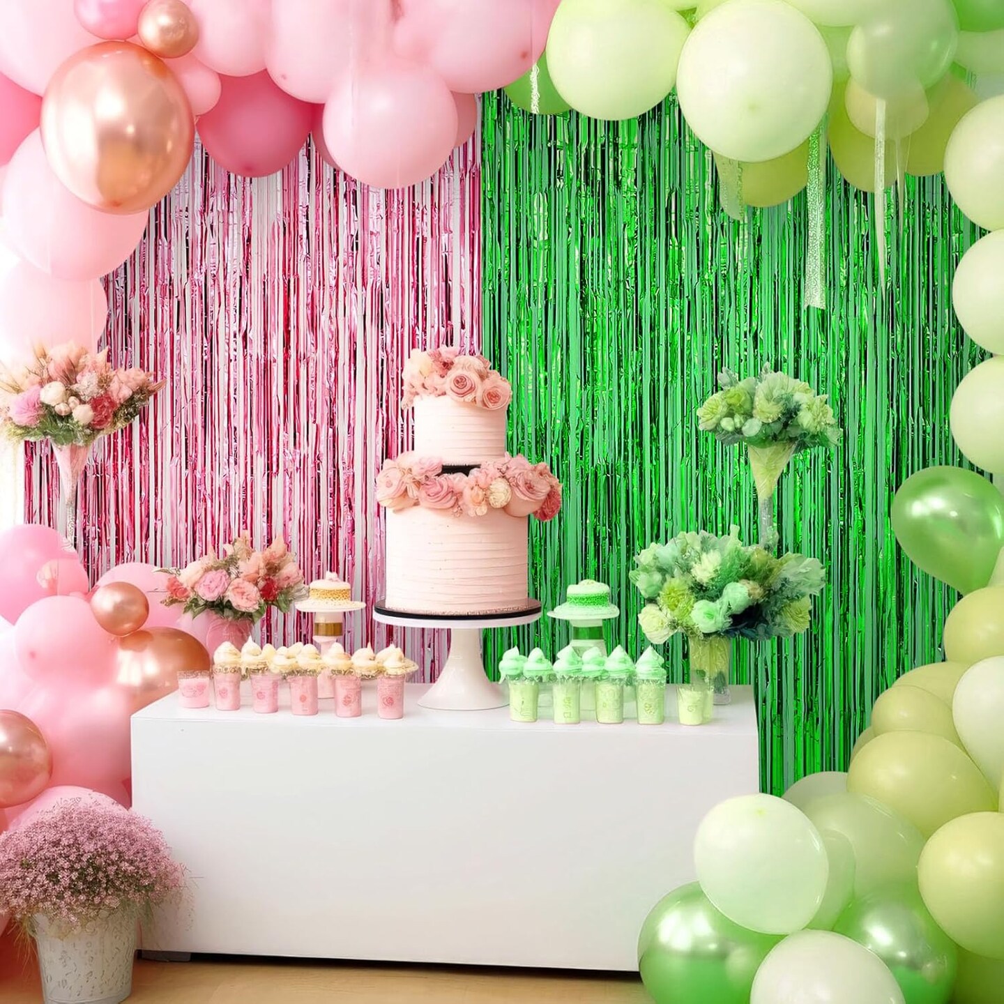 4 Pack 3.28 x 6.56 ft Streamers Backdrop Party Decoration Witch Party Decor Metal Tinsel Foil Fringe Curtains Backdrop Curtains Streamer for Witch Decor(Pink and Green,Tinsel Curtain)