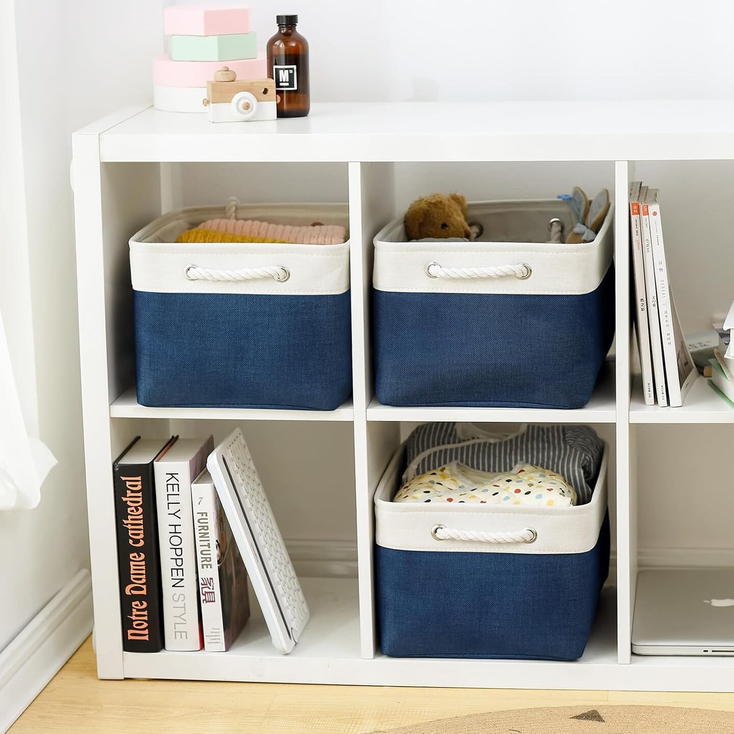Summer Collapsible Storage Basket for Shelves - Large 3 Pack 16x12x8 inch Storage Basket for Organizing with Handles, Canves Storage Box for Organizer Toy Closet Cloth Gift (White &#x26; Jean Blue)