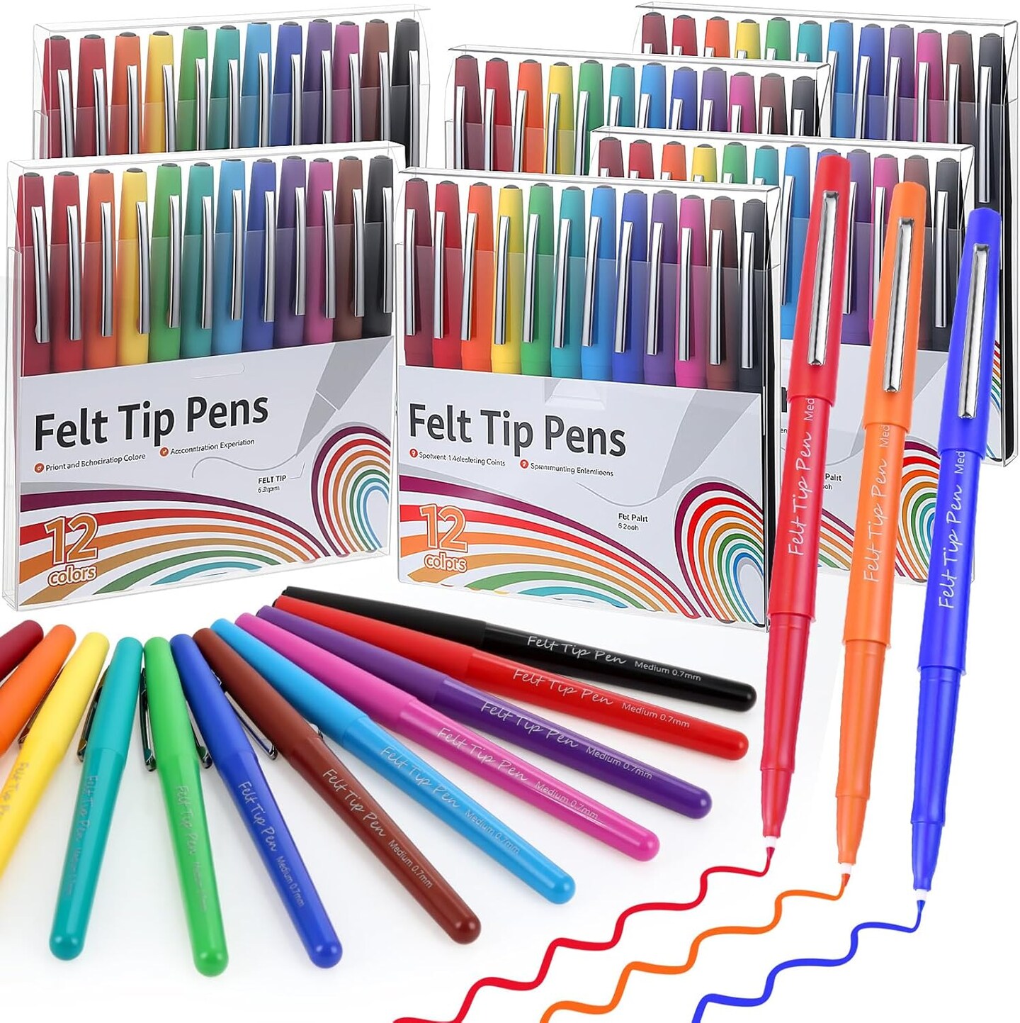 72 Pcs Felt Tip Pens 0.7mm Medium Point Felt Pen Bulk 12 Colors Markers Journal Planner for Teachers Students Journaling Writing Note Art Office School Supplies
