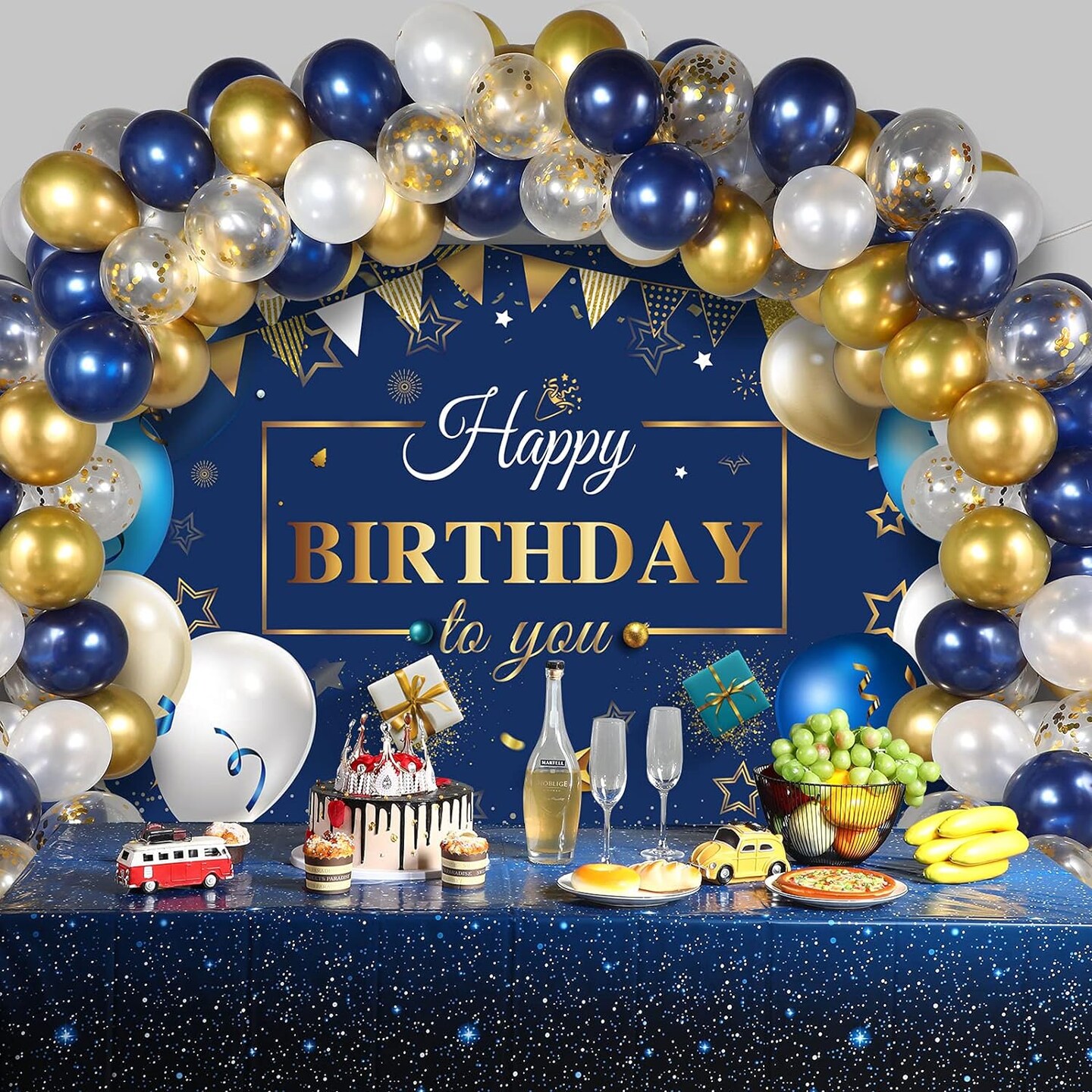Navy Blue Birthday Confetti Balloons Kit Set 50 Pieces Photography Backdrop Banner Package for Boys Girls Men Women Birthday Party Decorations Supplies(Navy Blue and Gold)