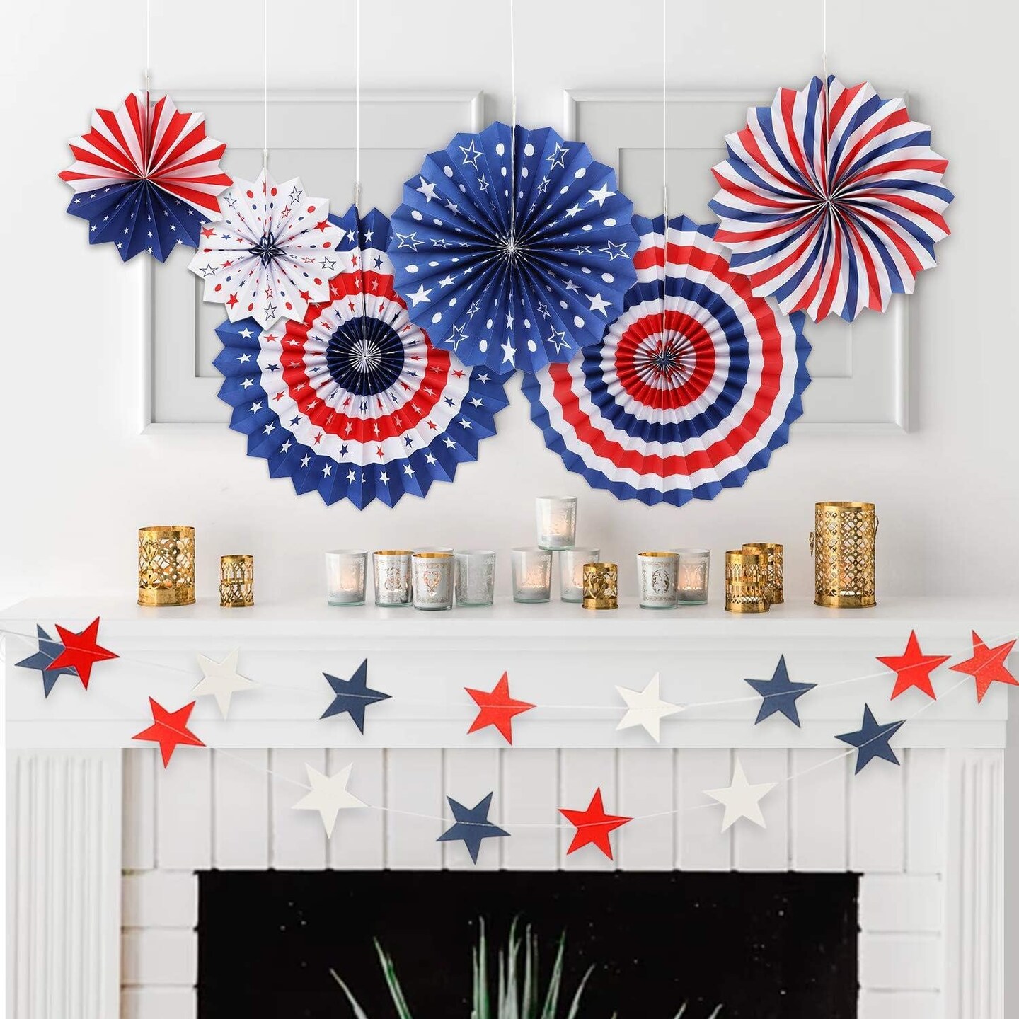 4th/Fourth of July Patriotic Party Decorations Set- Red White/Silver Blue Star Streamers and 6Pcs Red White Blue Hanging Paper Fans for American Independence Day Party Decor Supplies