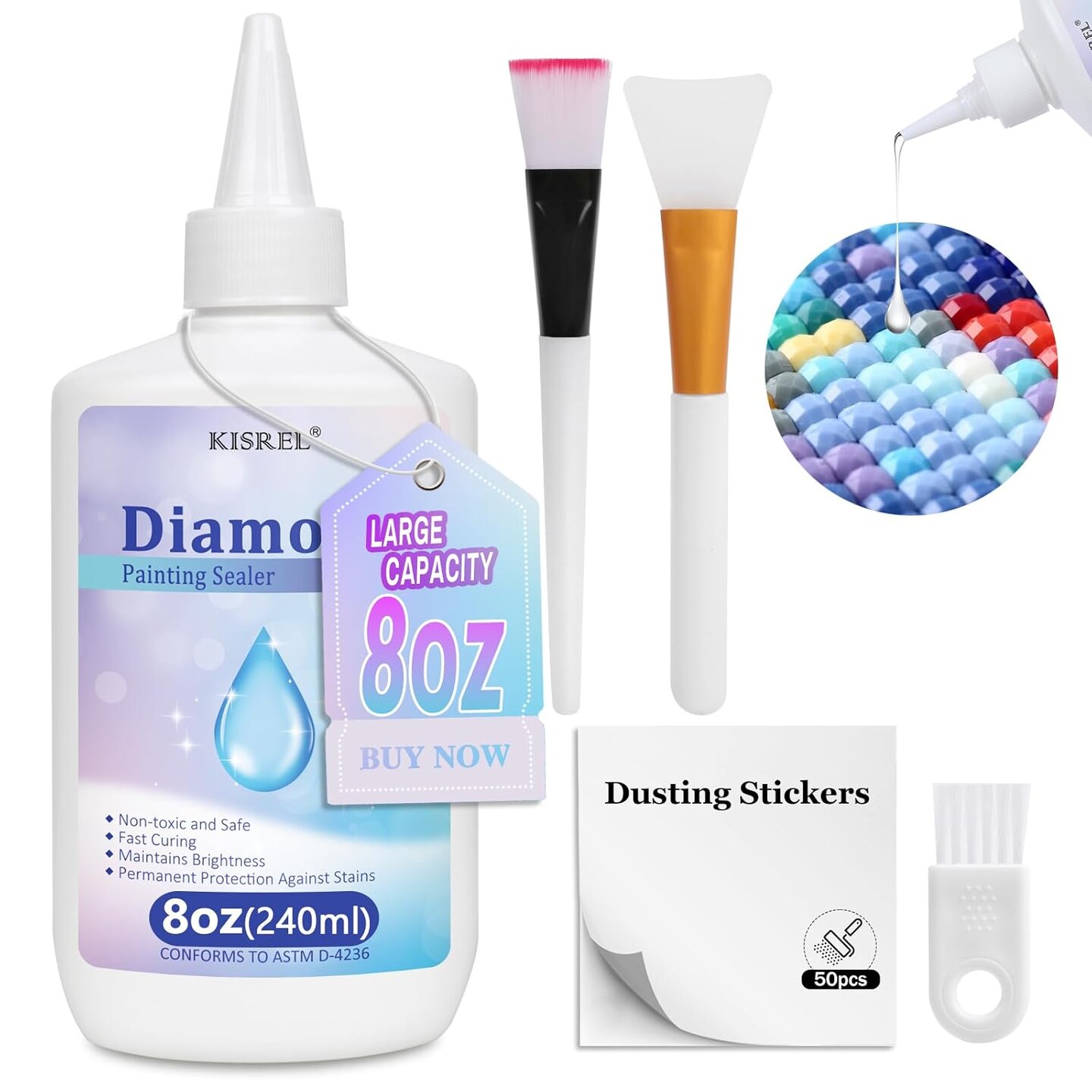 8OZ Diamond Painting Sealer, Diamond Painting Tools Adhesive with Applicator, 5D Diamond Painting Glue Sealer Permanent Hold, Shine Effect Conserver for Jigsaw Puzzles(240ML)