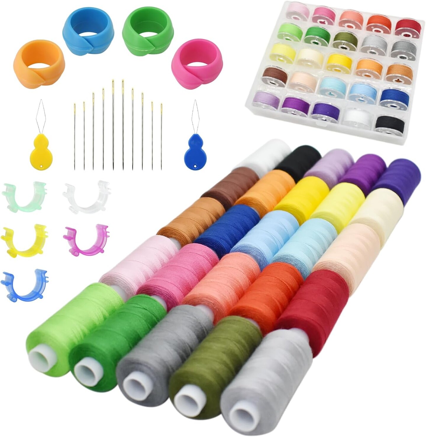 71pcs 25 Colors Bobbins Sewing Threads Kit, 400 Yards Polyester Thread Spools Prewound Bobbin Needles Clips Holders with Case for Hand Machine Sewing, Emergency and Travel, DIY and Home