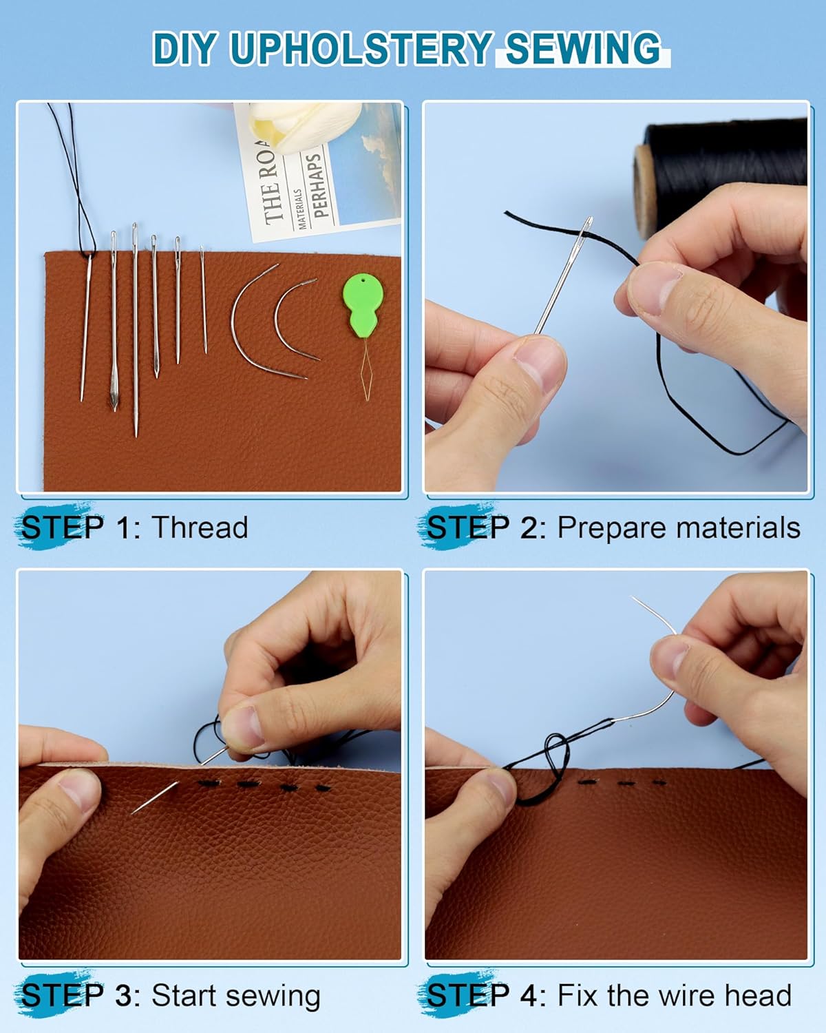 Leather Upholstery Sewing Waxed Thread: 218 Yards 210D Wax String Set with 30Large Eye Hand Sewing Needles,2 Curved Needle and 2 pcs Needle threaders