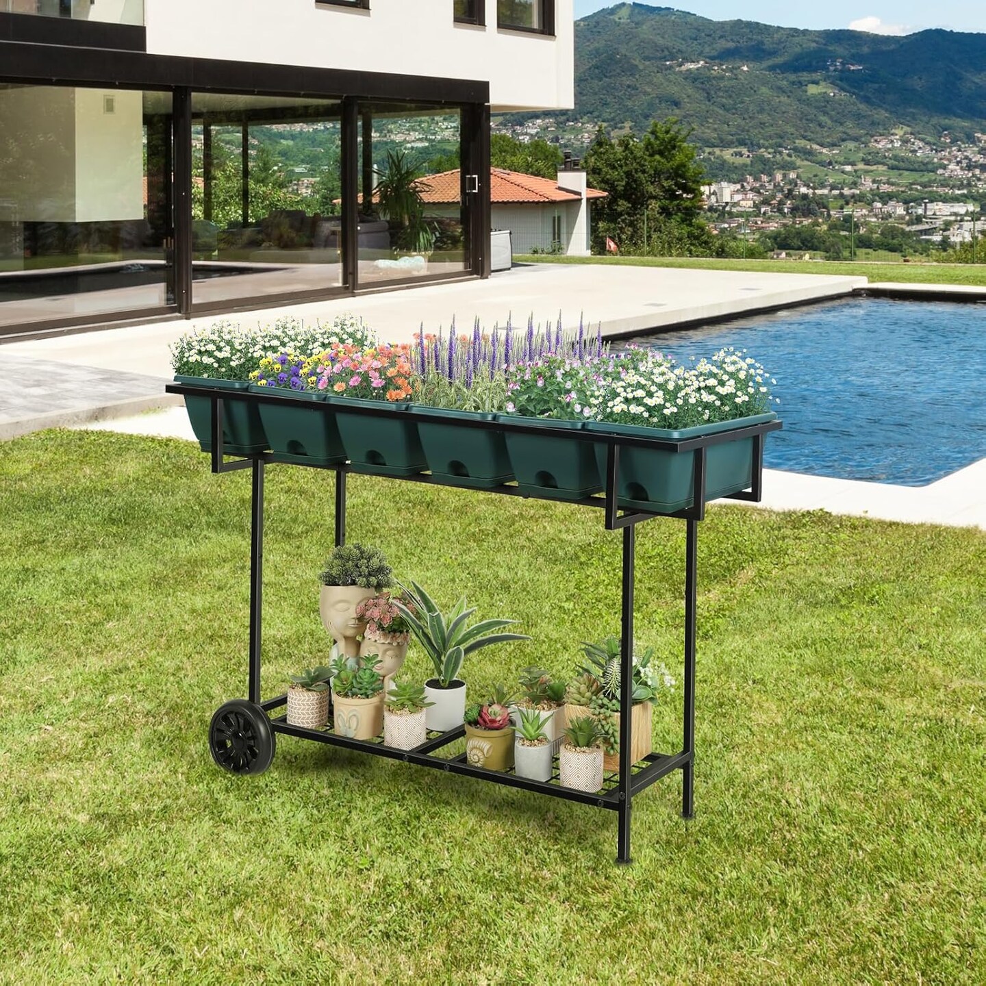 Raised Garden Bed with Wheels &#x26; Storage Shelf - 43x17x29in/109x43x74cm Elevated Planter Box, 6 Individual Planters for Vegetables, Herbs, Flowers (Green, Outdoor/Indoor)