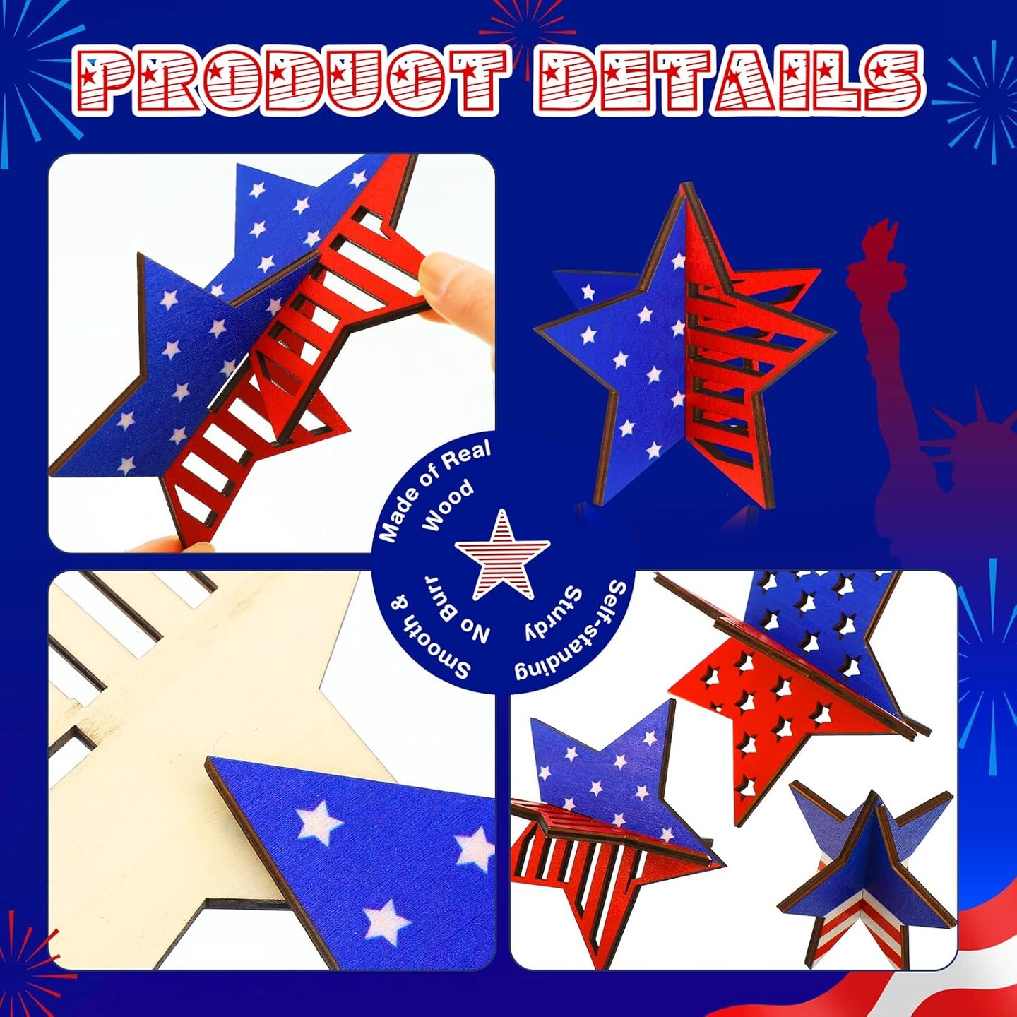 12-piece set of patriotic wooden star decorations featuring red, white, and blue designs, ideal for tiered trays, tables, shelves, and home or office décor to celebrate Independence Day and Memorial Day.
