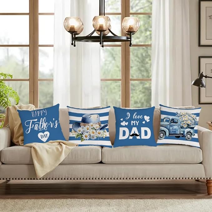 Fathers Day Pillow Covers 18x18 Set of 4 Velvet Dad Throw Pillow Covers Blue I Love You Dad Pillow Cases Cushion Covers Outdoor Sofa Couch Home Decorations Gift for Father Dad Birthday (18)