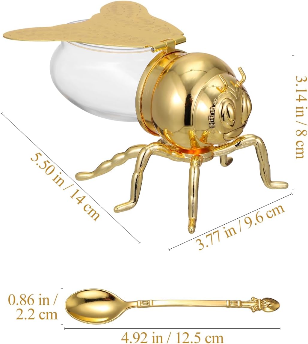 Honey Jar, Honey Dispenser Honey Pot with Spoon, Syrup Dispenser, Crystal Condiment Pot, Bee Shaped Glass Honey Pot Glass Honey Pot Container for Store Honey Syrup Jam Jelly Home Kitchen