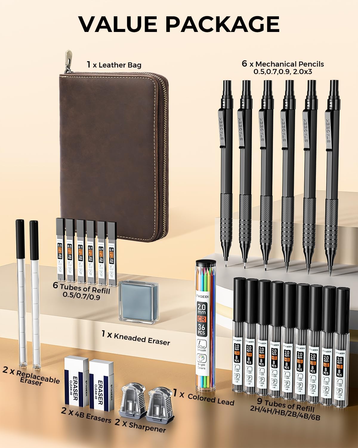 30Pcs Metal Mechanical Pencil Set with Leather Case, 0.5/0.7/0.9/2.0mm Art Drafting Pencils, 16 Tubes Graphite Leads (6B 4B 2B HB 2H 4H) with Colored Leads for Sketching Drawing Writing(Black)