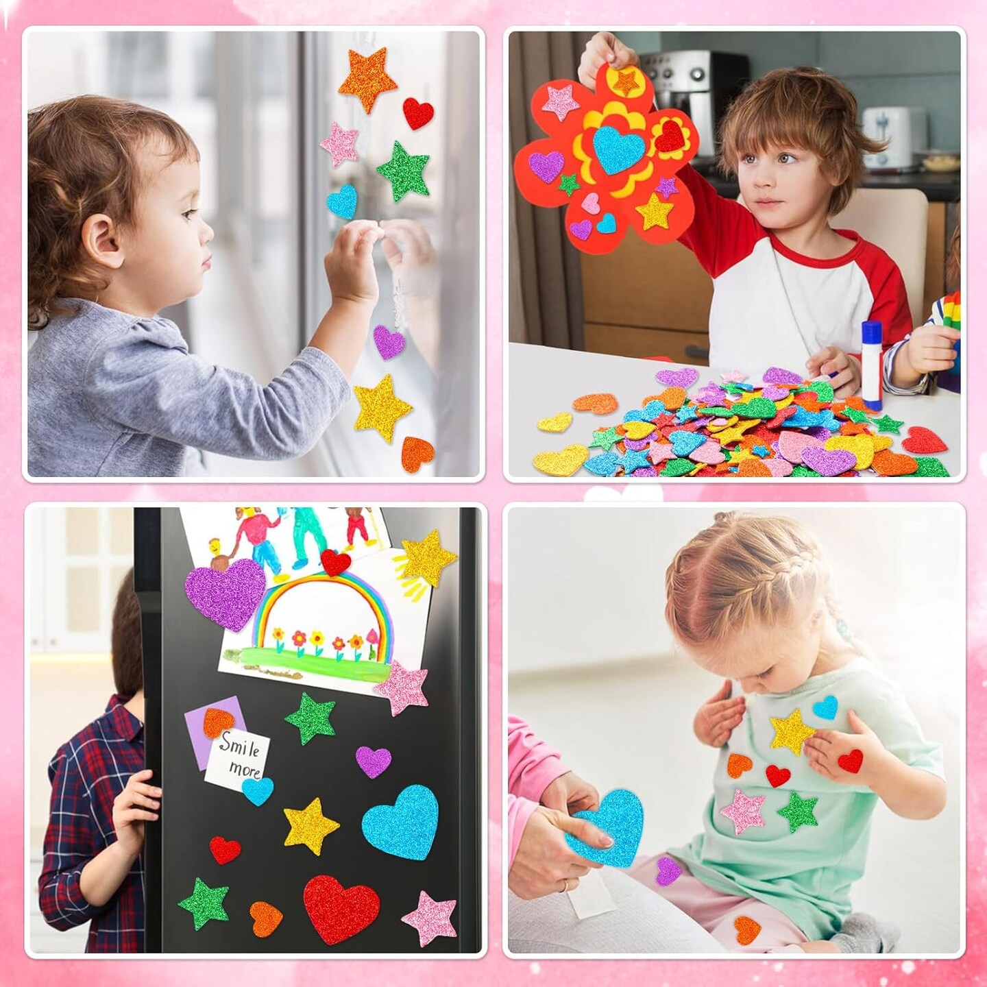 Colorful Glitter Foam Sticker, 300Pcs Stars Heart Shapes Glitter Self Adhesive Foam Stickers for Kids Party Favors Toddler DIY Crafts Supplies Home Decorations