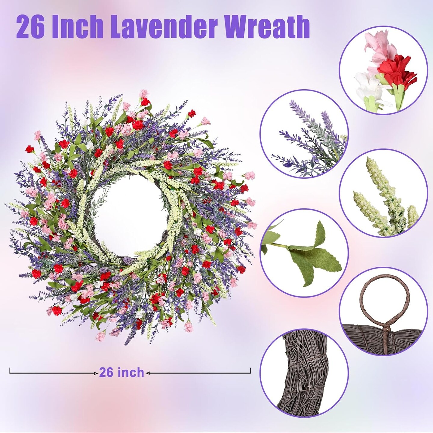 26 Inch Lavender Wreath Summer Wreaths for Front Door Wreaths for Front Door for Wedding Farmhouse (Red Pink Lavender)