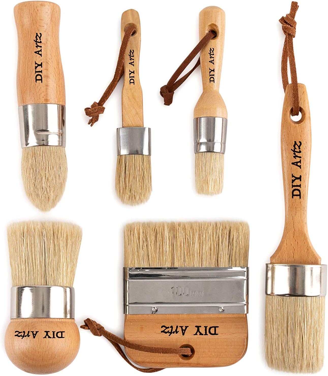Chalk &#x26; Wax Paint Brush (Set of 6) for Waxing &#x26; Painting Projects &#x2013; 100% Natural Boar Bristles, Ergonomic Handles, Minimum Shedding &#x2013; Smooth Coverage for Furniture, Milk Paint &#x26; Stencil by Diyartz