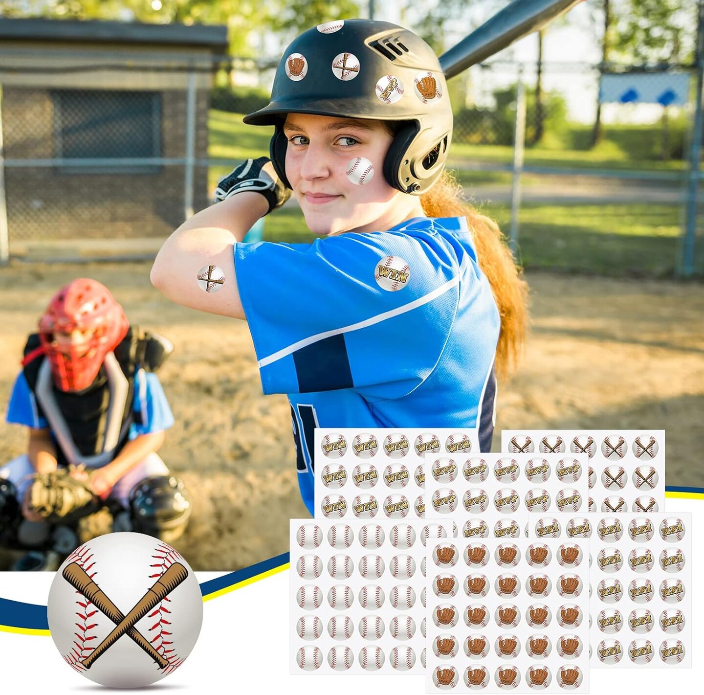 300 Pcs 12 Sheets Baseball Helmet Stickers 1.18 Inch Waterproof Round Helmet Vinyl Decals for Baseball Helmet Award Laptop Water Bottle Scrapbook Sport Party
