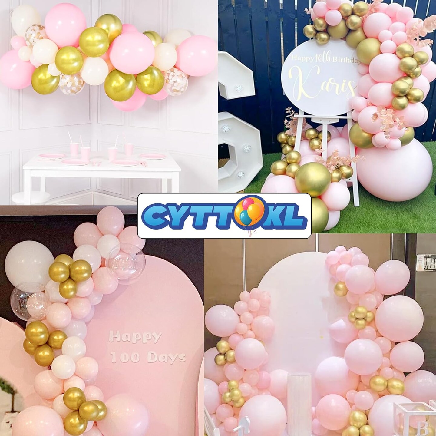 Pink and Gold Balloons 12 inch 100 Pack Matte Light Pink Matellic Gold Chrome Latex