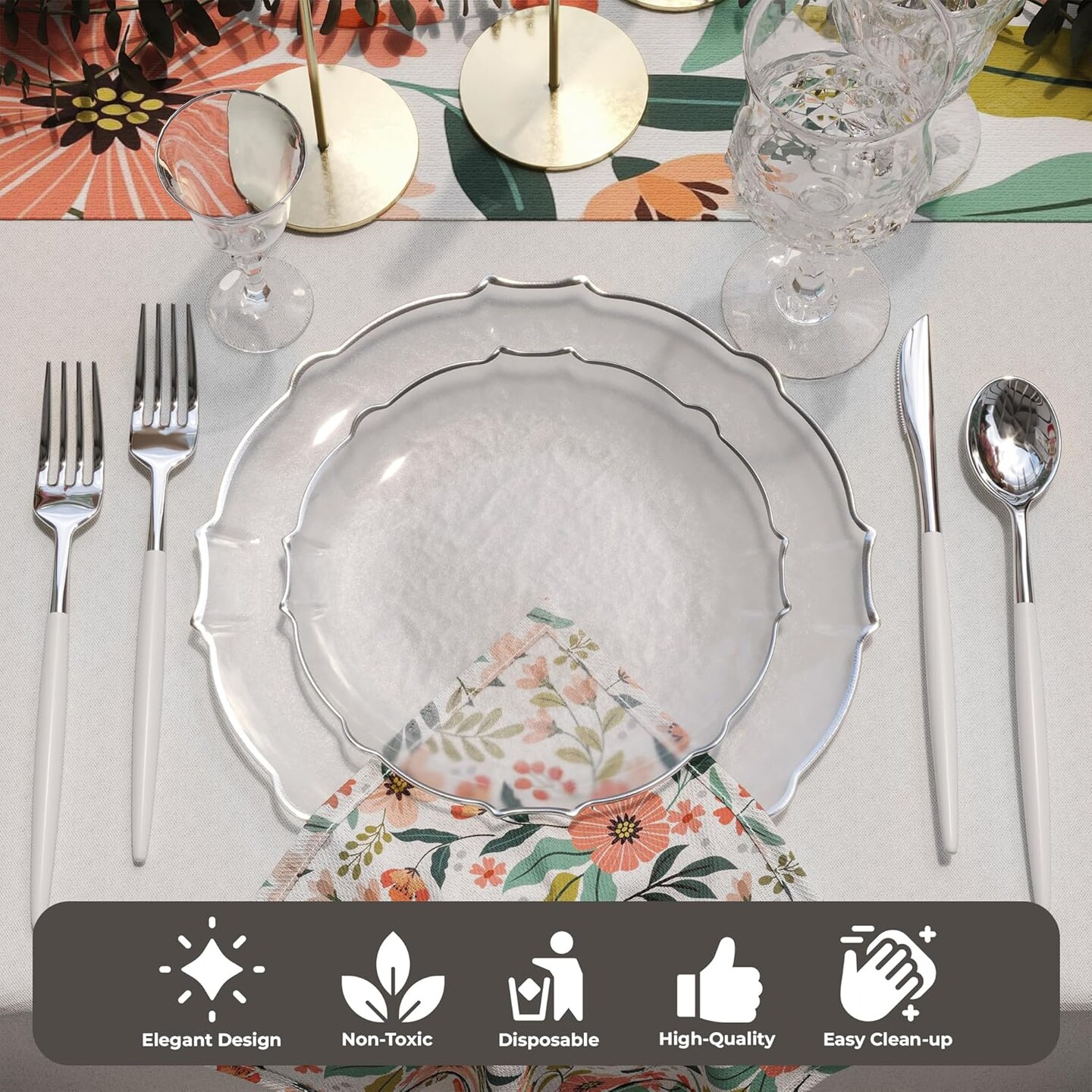 Trendables Plastic Plates for Party Fancy Plastic Dinner Plates For Guest 7.5 inch Dessert Plates &#x26; 10 Inch Thin Delicate Disposable Dinnerware Charger Plate Set