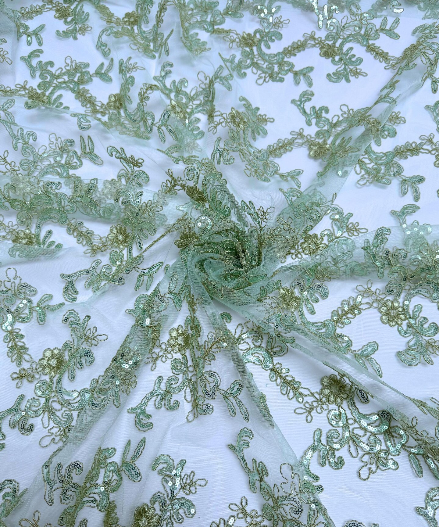 Sequin Embroidered Lace Fabric by the Yard, 54" Wide Floral Mesh Lace with Double Scalloped Edges