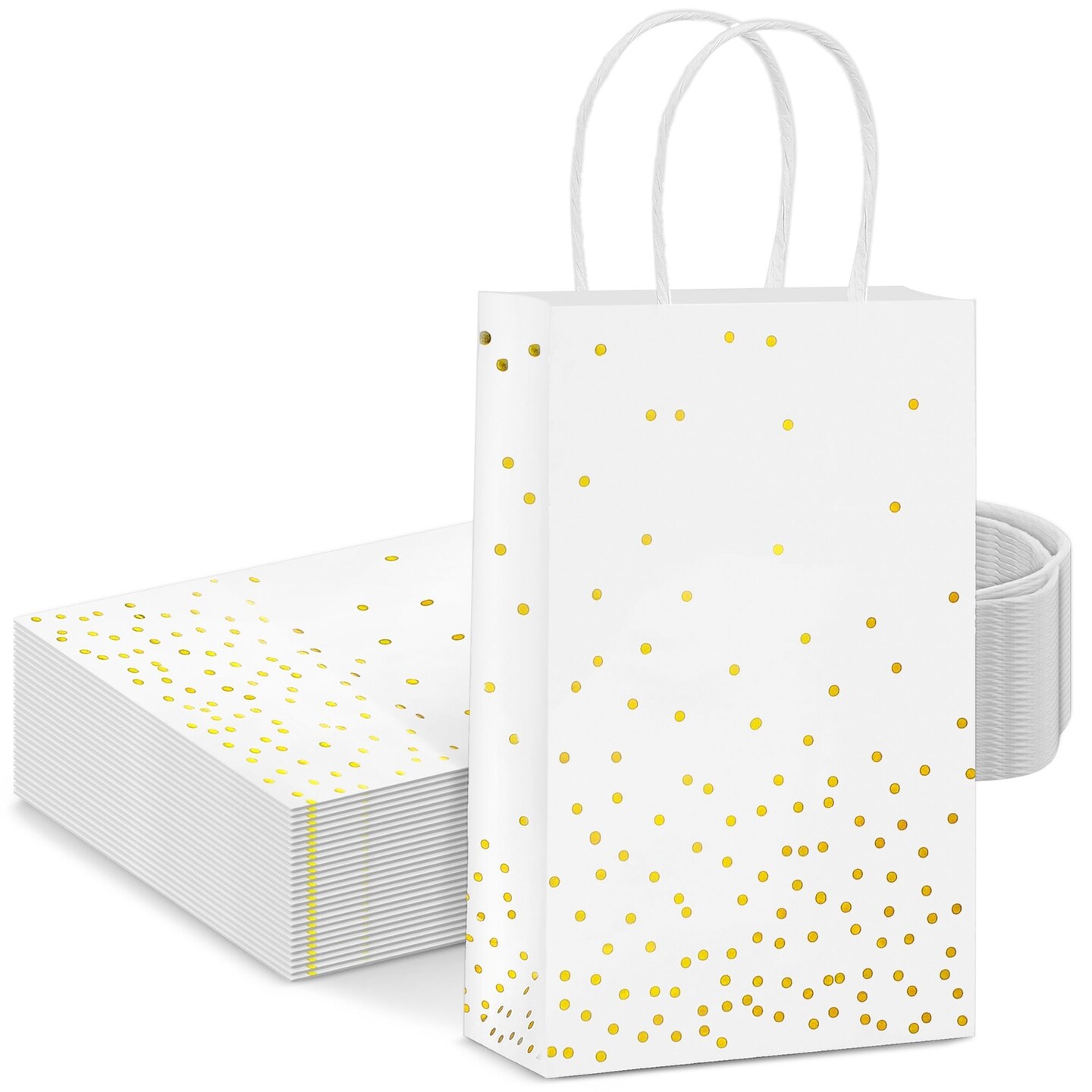 25 Pack Small Gift Bags with Handles - White Paper Bags with Gold Foil Polka Dots for Birthday, Wedding, Retail (5.5x3x9 In)