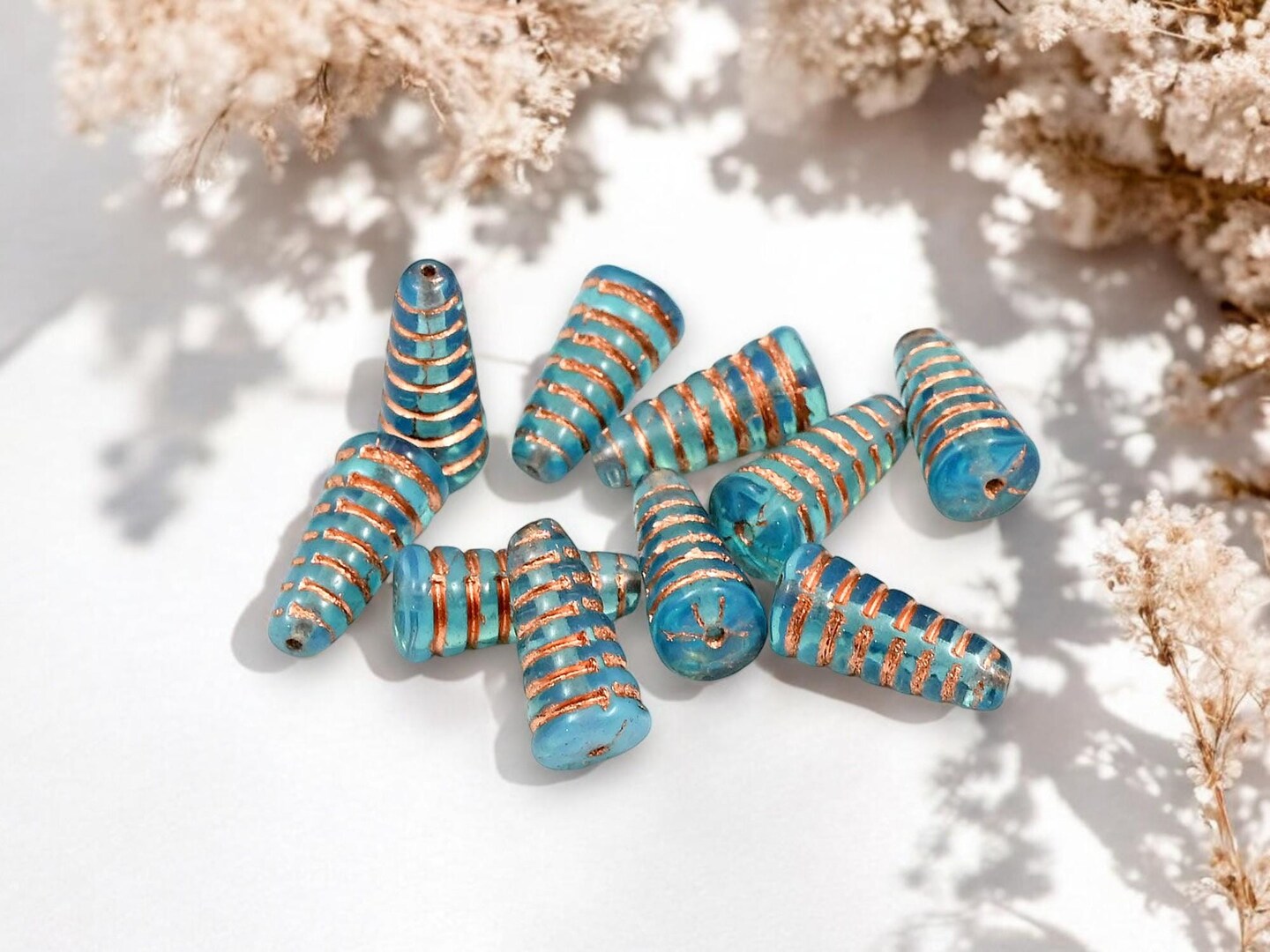 *10* 19x9mm Copper Washed Transparent Aqua Honeycomb Cone Beads