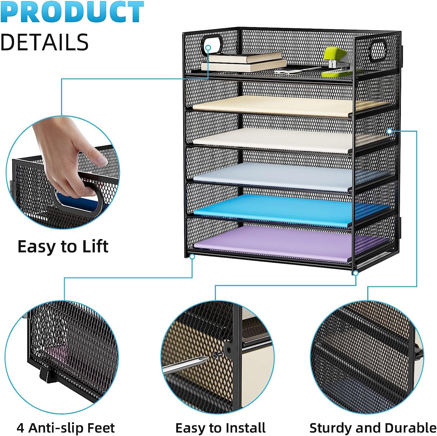 Paper Organizer Letter Tray, 5 Tier Mesh File Organizer with Handle, Paper Sorter Desk Organizer for Home Office Supplies - Grey
