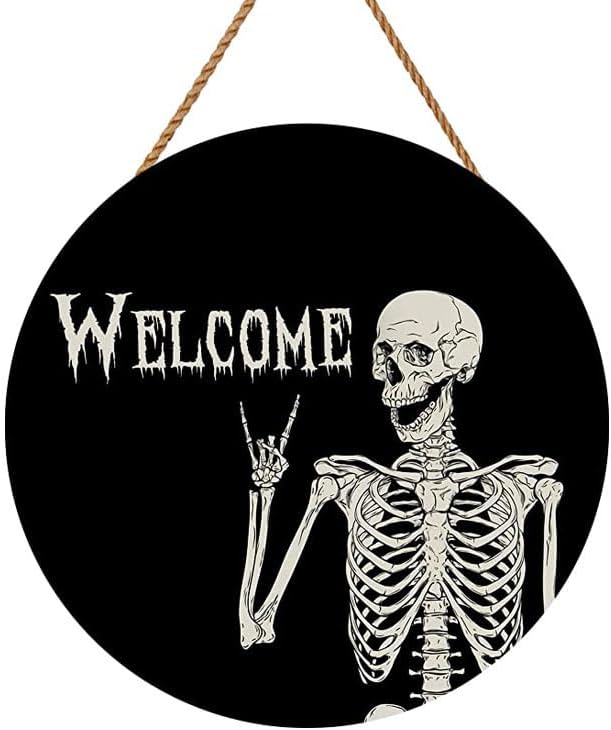Halloween Wreath Door Sign Decorations Wreath Skull Welcome Door Sign Front for Door Decoration, Rustic Wooden Holiday Decor for Porch Window Wall Farmhouse Indoor Outdoor(Human Skeleton)