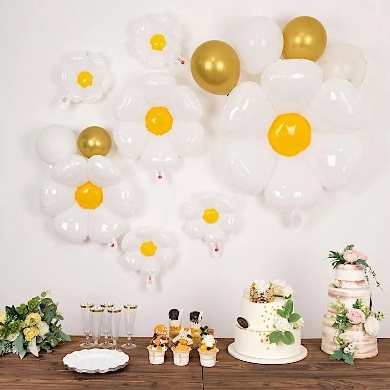 10 White Yellow Assorted Daisy Flower Mylar Foil Balloons Party Decorations