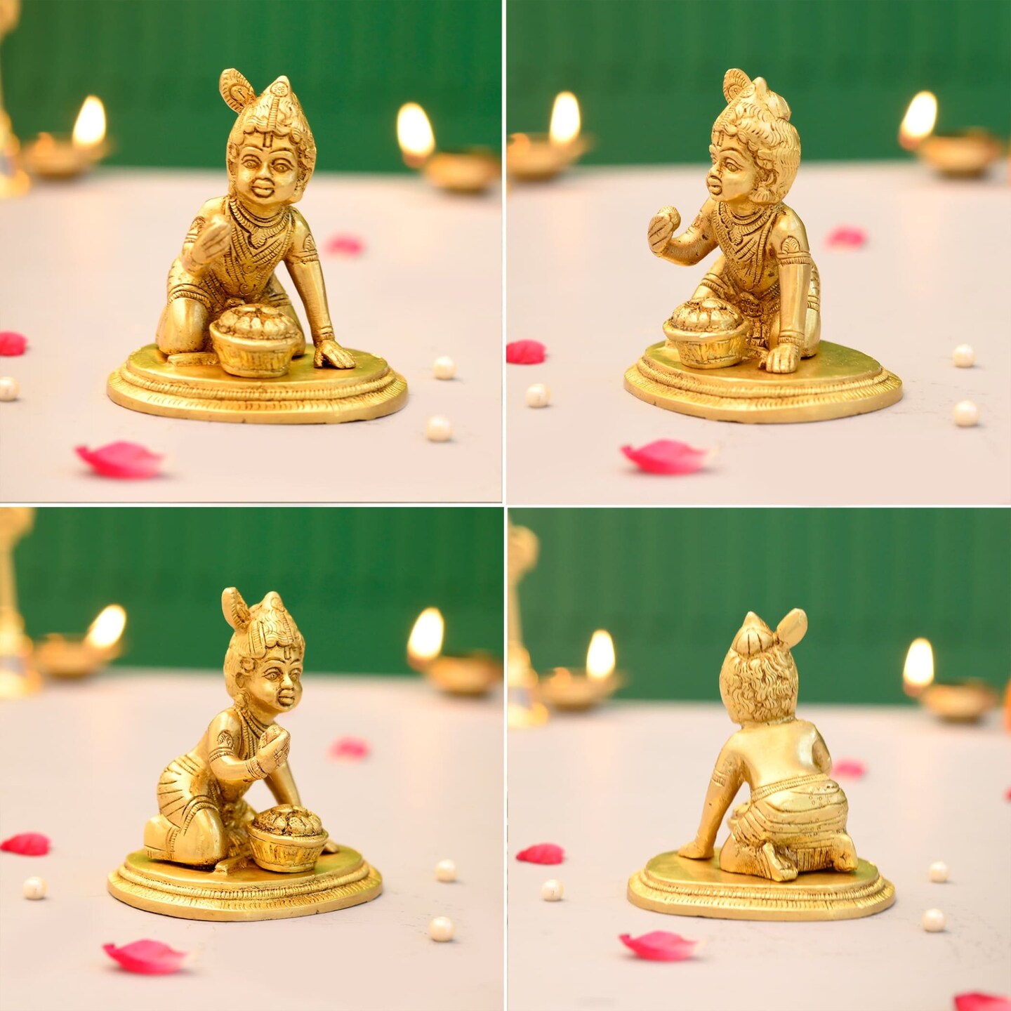 Brass Krishna Laddoo Gopal Kanha Bal Gopal Thakur Ji Makhan Chor Statue Idol Murti Sculpture Figurine for Home Temple Decor - Decorative Showpiece Janmashtami Housewarming Gift (3.5 Inches)