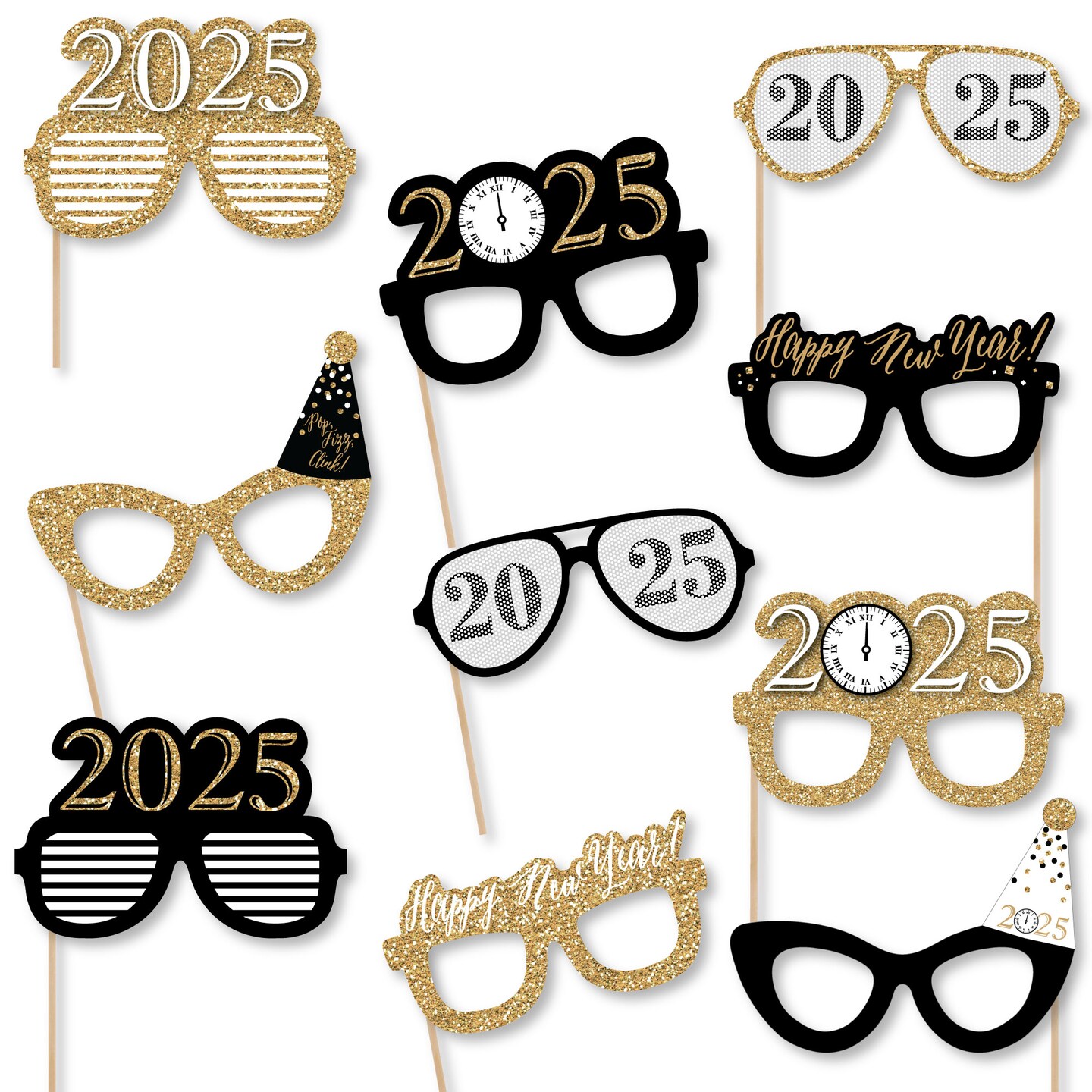 Big Dot of Happiness New Year&#x27;s Eve Glasses - Gold - 2025 Paper Card Stock New Year&#x27;s Party Photo Booth Props Kit - 10 Count