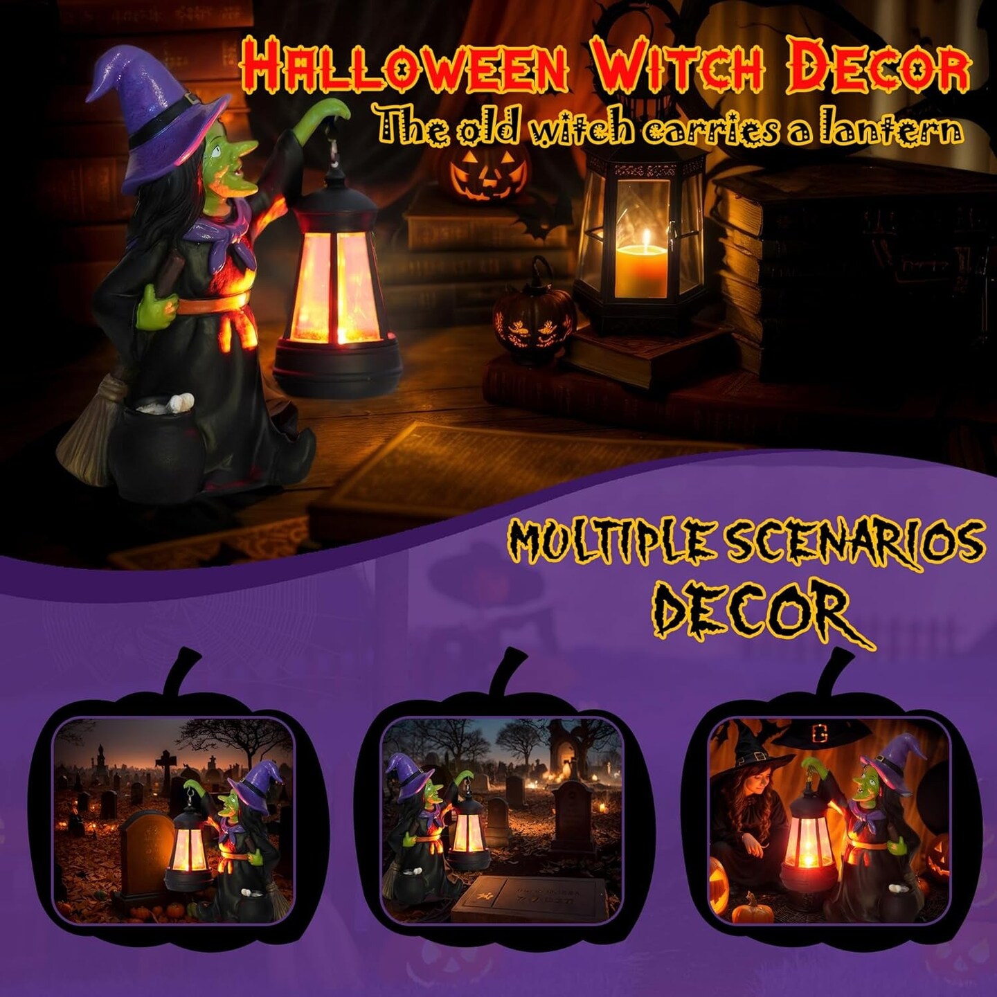 2024 Witch Halloween Figurines - Halloween Decorations Indoor Witch Statue,Halloween Table Decor for Indoor,Spooky Decor with LED Light for Fireplace Home Kitchen Desk Office Party