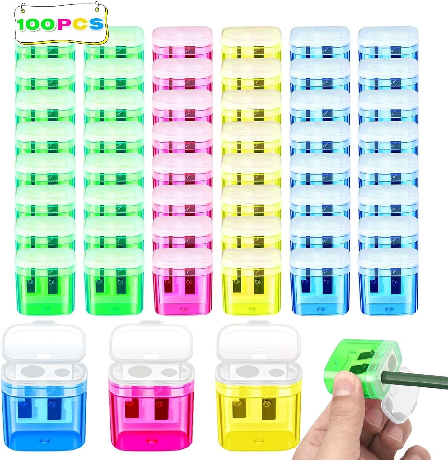 100 Pack Pencil Sharpener Bulk, Manual Pencil Sharpener with Lid for Kids, Double Hole Handheld Pencil Sharpeners for Classroom School Office Supplies, 4 Colors