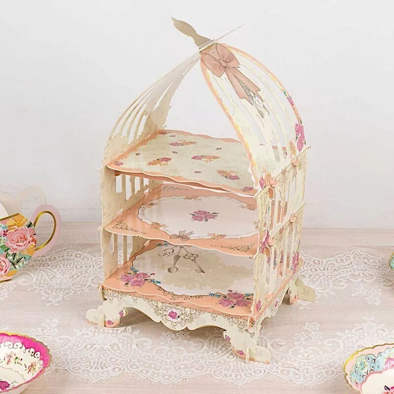 3 Tier White Peach Birdcage Cardboard Cupcake Stand Floral Print Party Events