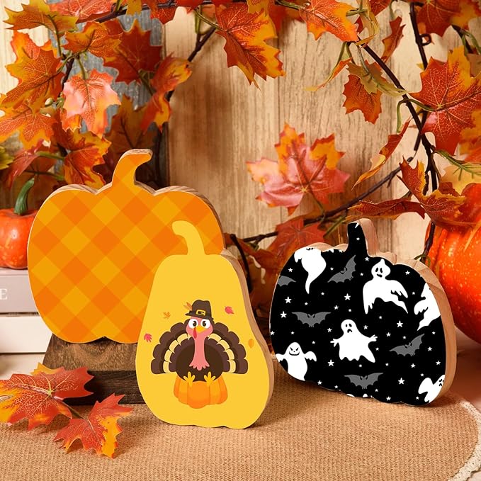 Unfinished Thanksgiving Pumpkin Wooden Table Sign Blank Wood Pumpkin Craft Blocks for DIY Crafts Autumn Harvest Halloween Home Tiered Tray Decoration,3 Styles
