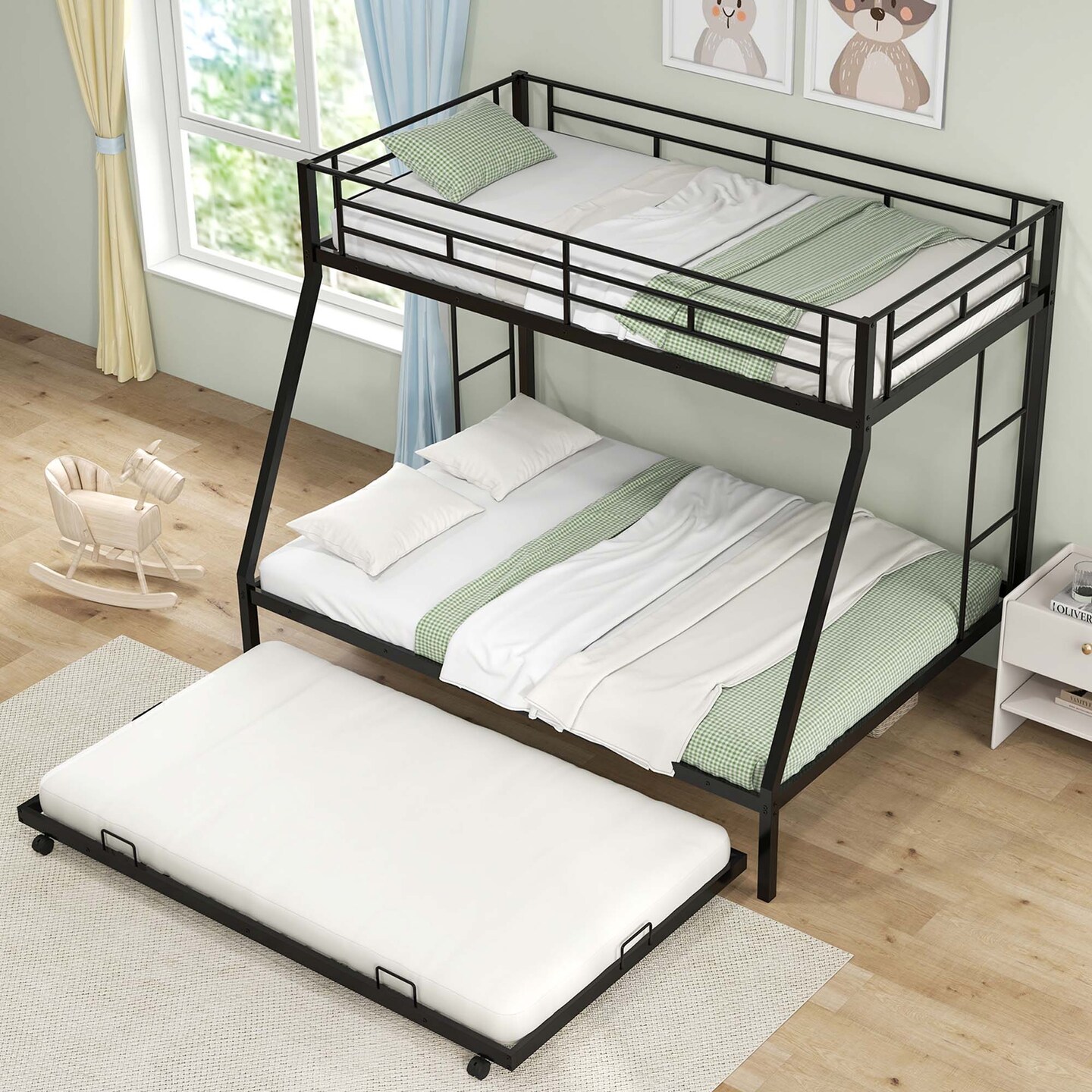 Costway Twin Over Full Metal Slats Bunk Bed Frame with Trundle, Guard Rail &#x26; Ladders White/Black
