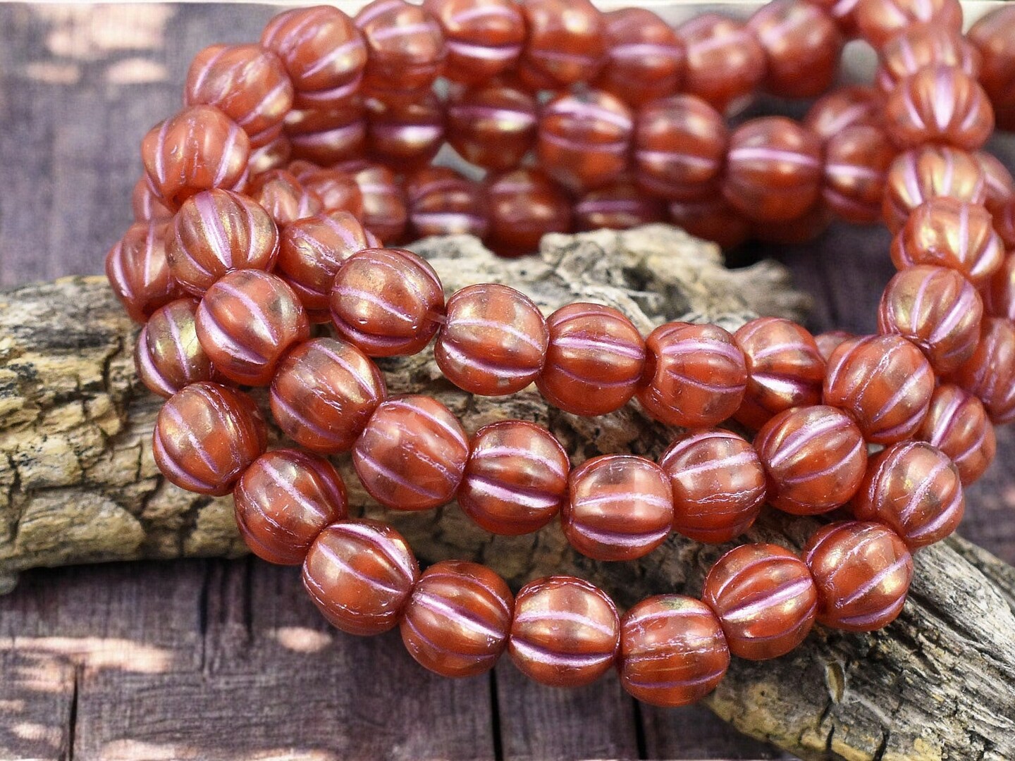 *25* 6mm Metallic Pink Washed Red Crystal Large Hole Melon Beads