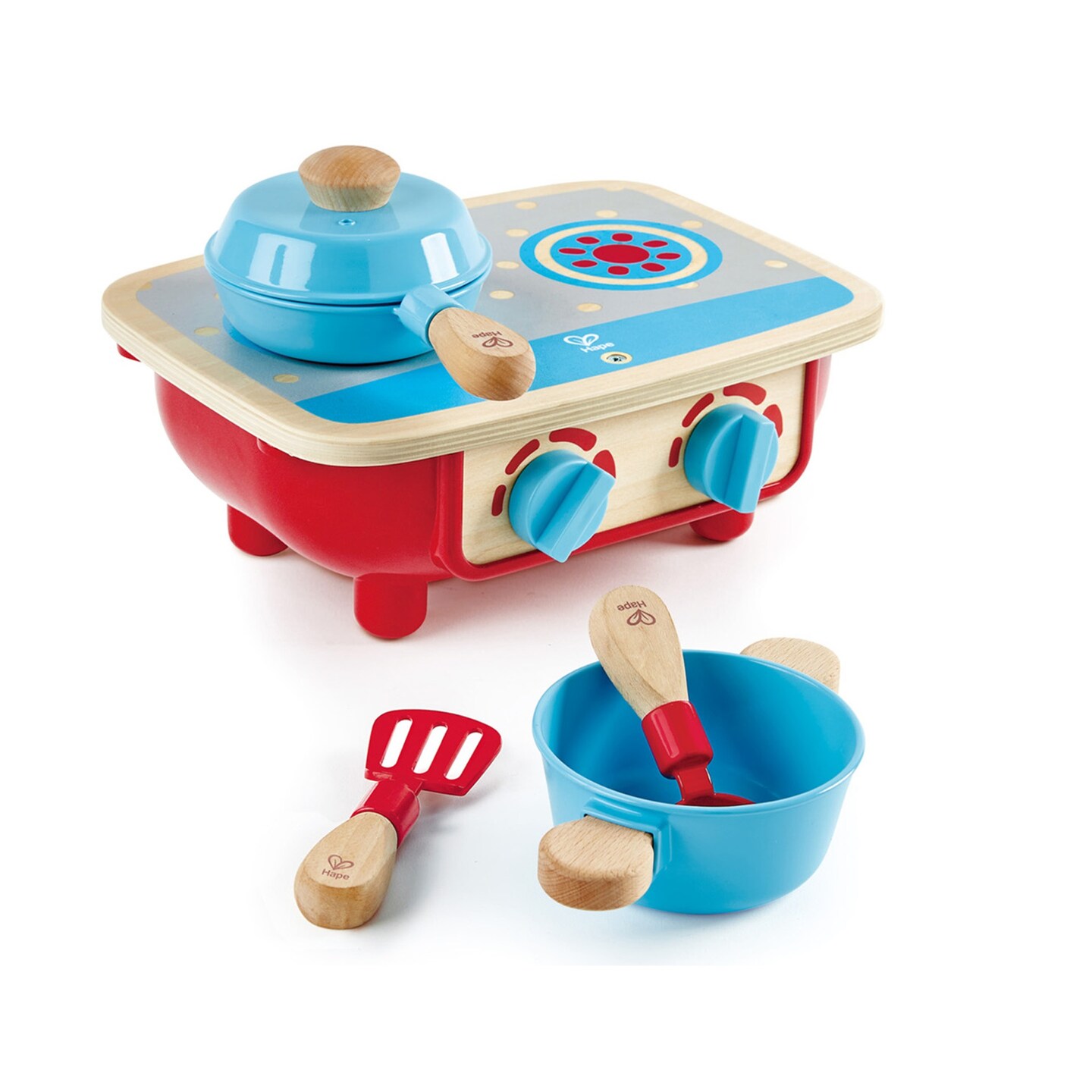 Hape Toddler Wooden Kitchen Playset with Toy Stove, Frying Pan, Spoon, Spatula (6 Pieces)