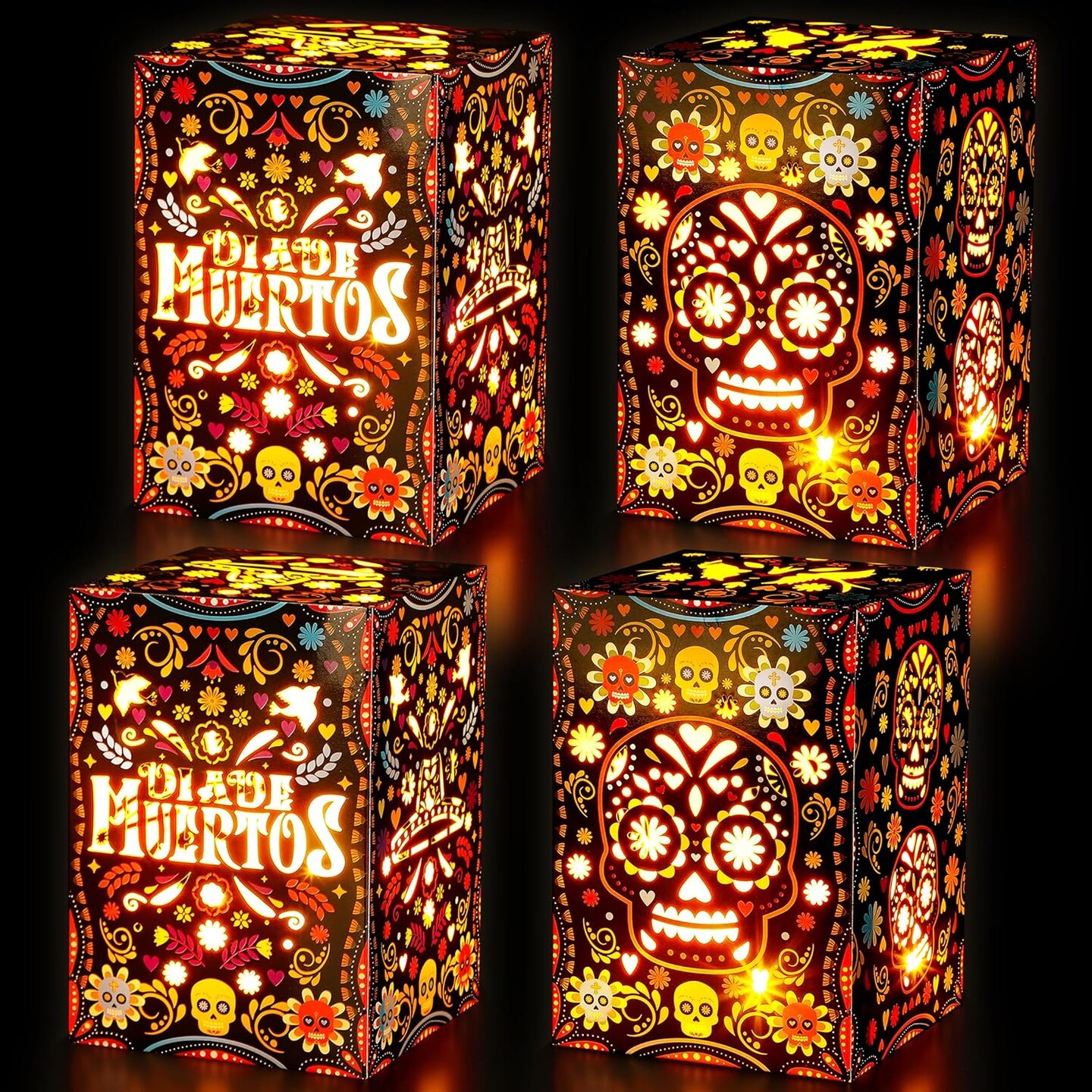 Day of The Dead Decorations 24pcs Sugar Skull Paper Candles Holders Boxes with 24 Flameless LED Tea Lights Candles Dia De Muertos Decorations Supplies