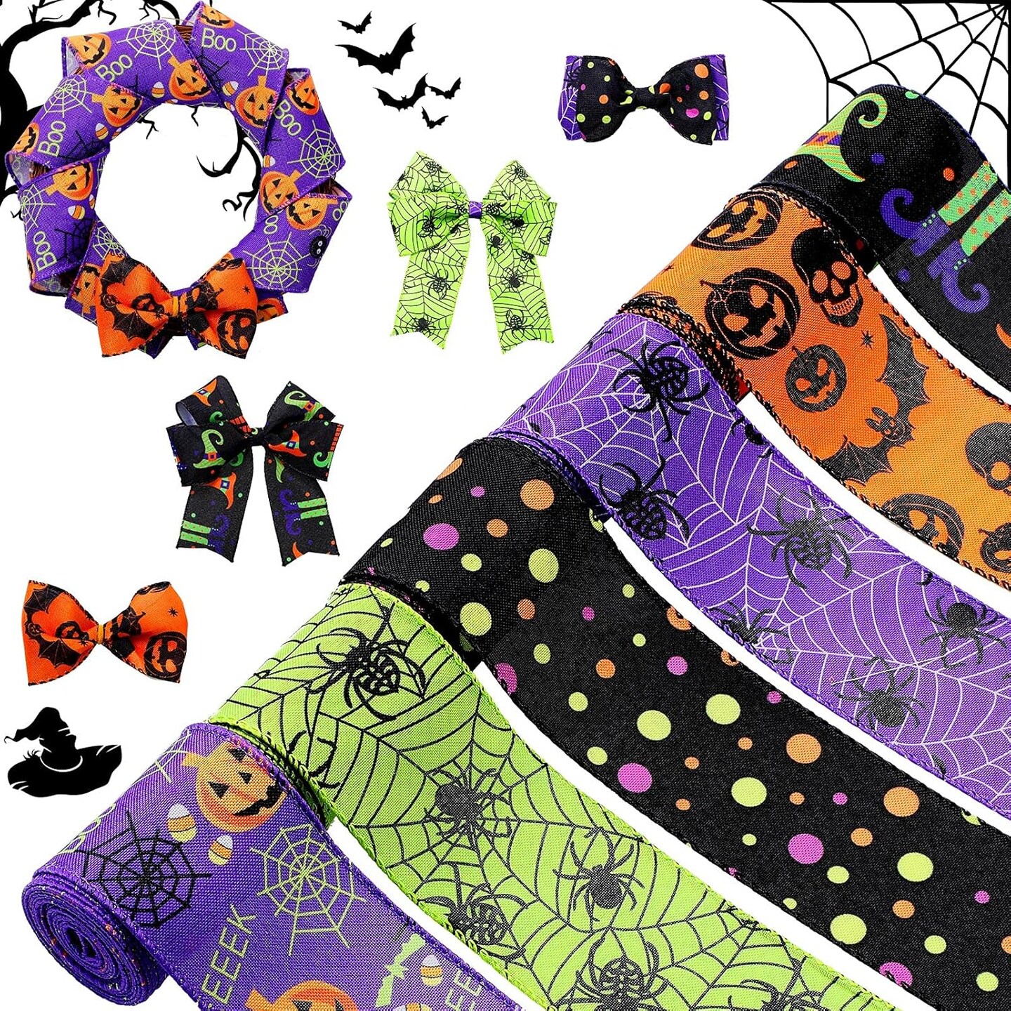 Ribbons Bat Spider Web Printed Ribbon Witch Legs Hat Skull Pumpkin Ribbons Halloween Decorative Wrapping Ribbon for Halloween Home Wreath DIY Craft Floral Bow
