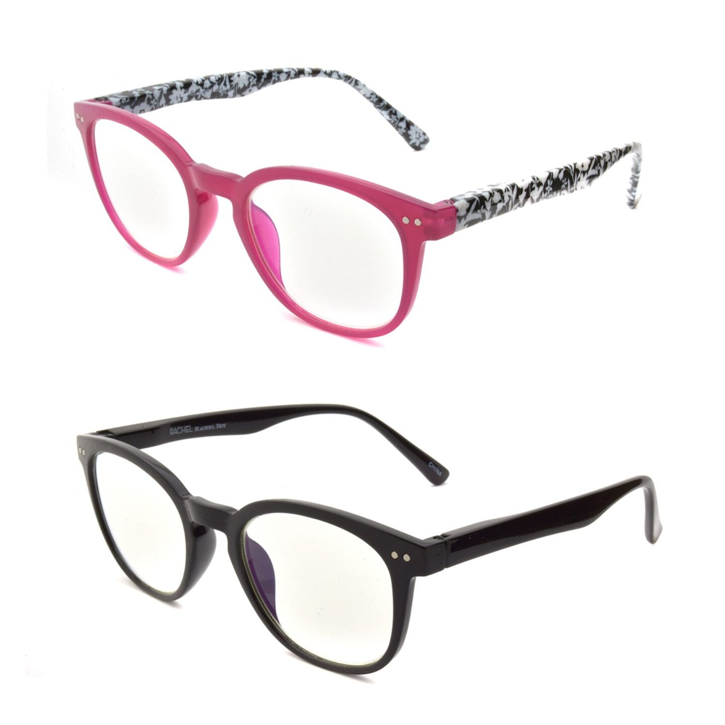 RACHEL Rachel Roy 2pk Blue Light Reading Glasses, Basic Black or Pink Frames with Floral Patterned Temple, 2.00 Diopter