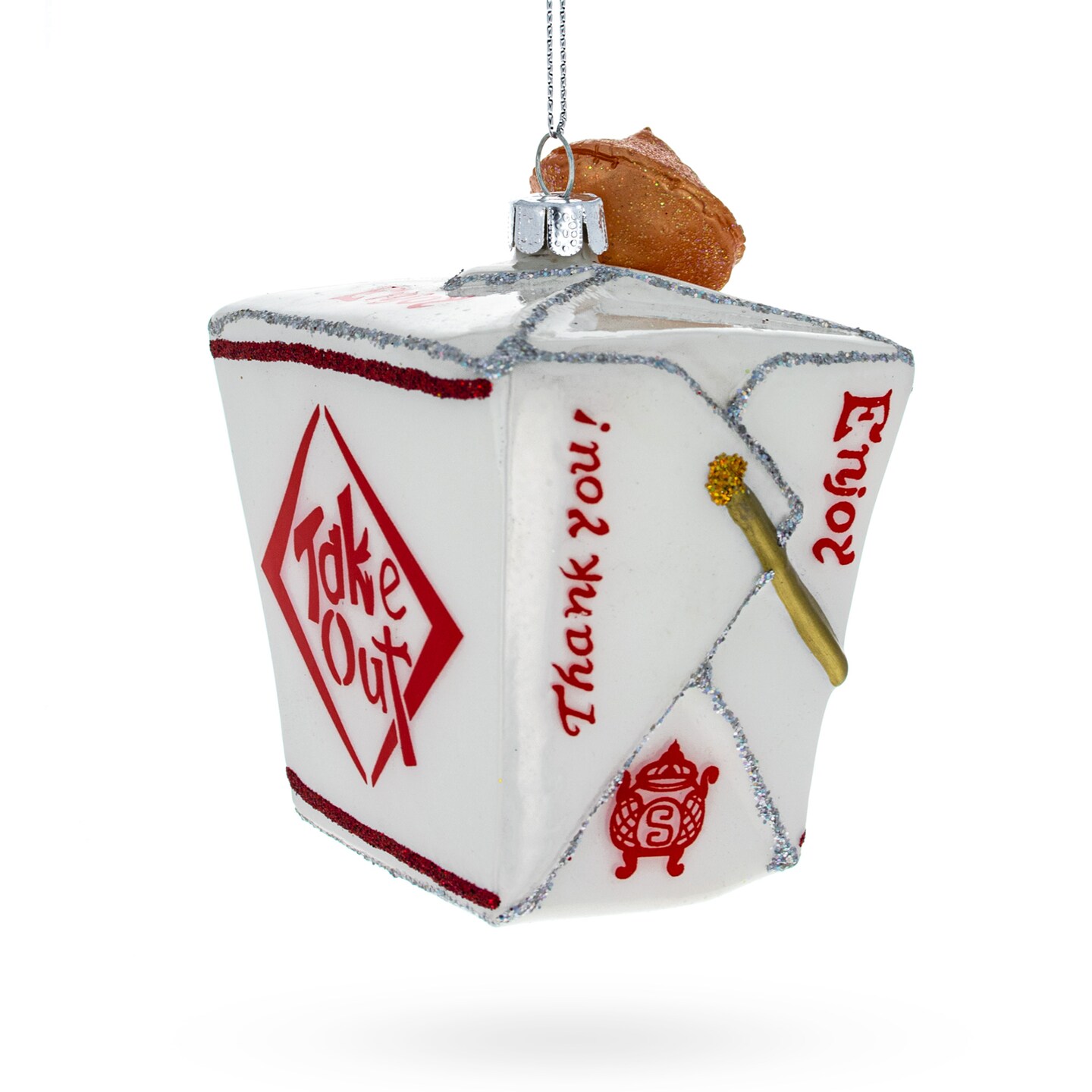 Chinese Takeout Box with Fortune Cookie Glass Christmas Ornament 4.25 Inches