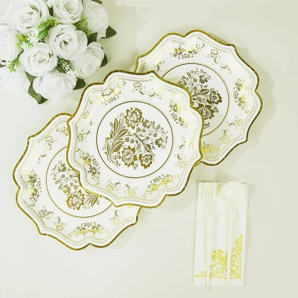 25 White 10" Paper Dessert Plates GOLD Floral Print Scalloped Rim Party Events